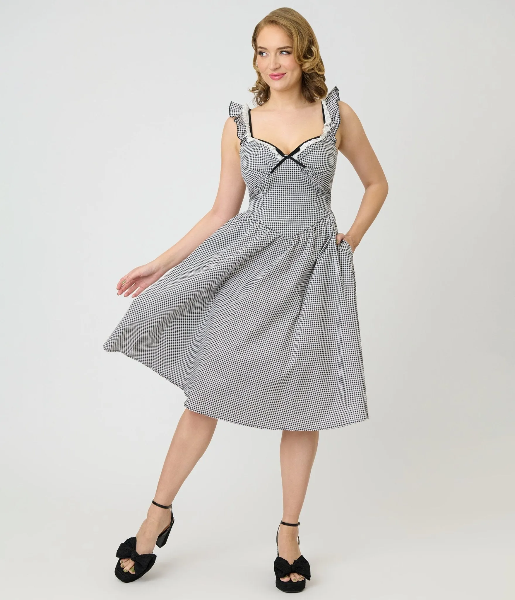 Unique Vintage Black & White Gingham Sweetheart Flutter Sleeve Swing Dress sold by Unique Vintage