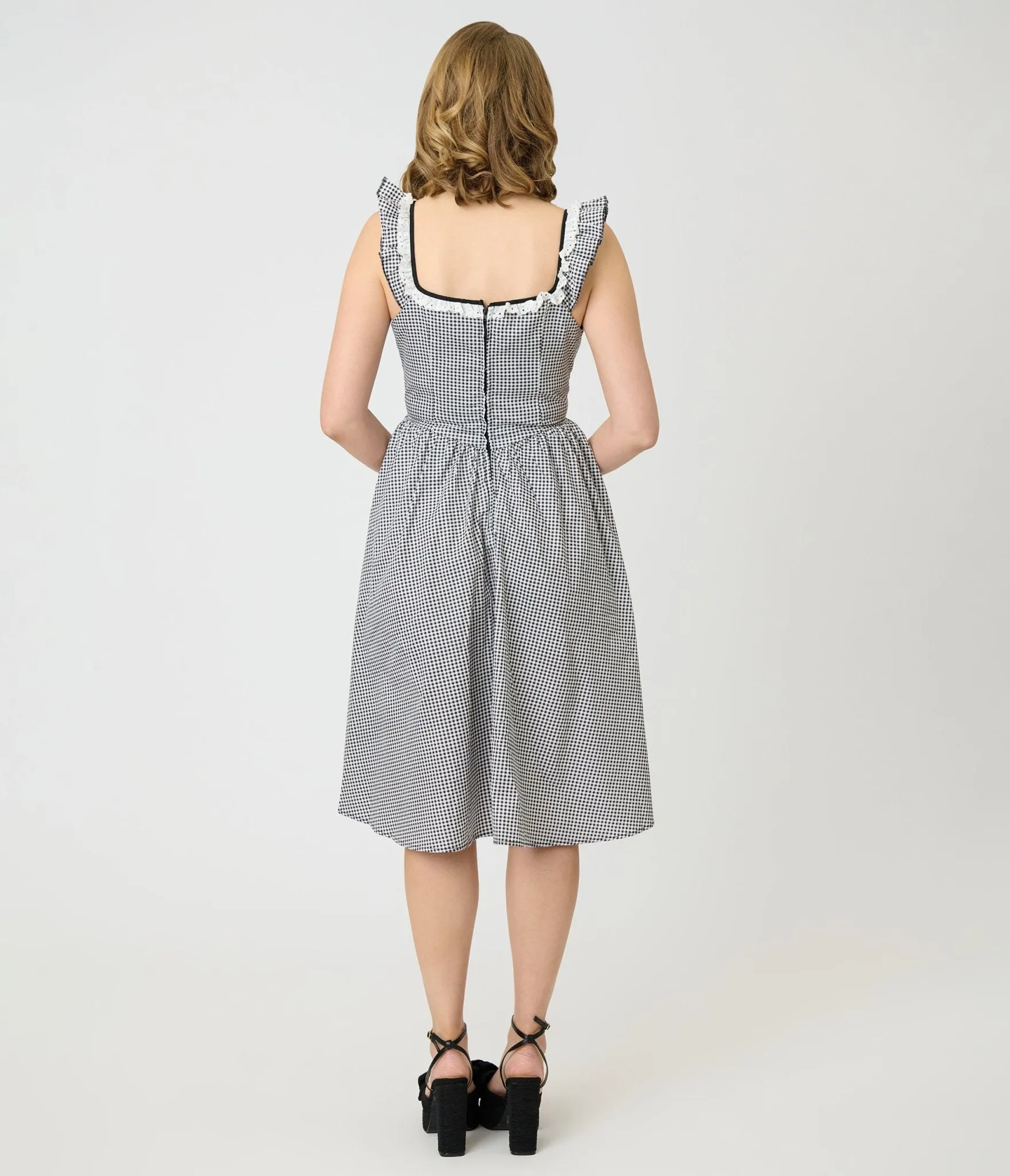 Unique Vintage Black & White Gingham Sweetheart Flutter Sleeve Swing Dress sold by Unique Vintage product image thumbnail 2