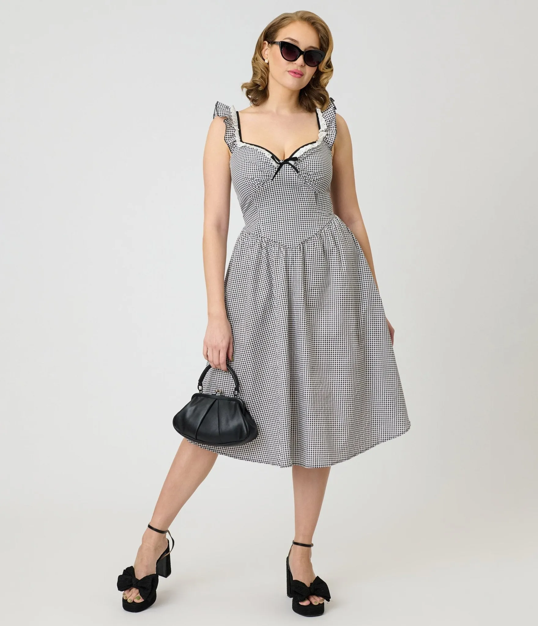 Unique Vintage Black & White Gingham Sweetheart Flutter Sleeve Swing Dress sold by Unique Vintage product image thumbnail 3