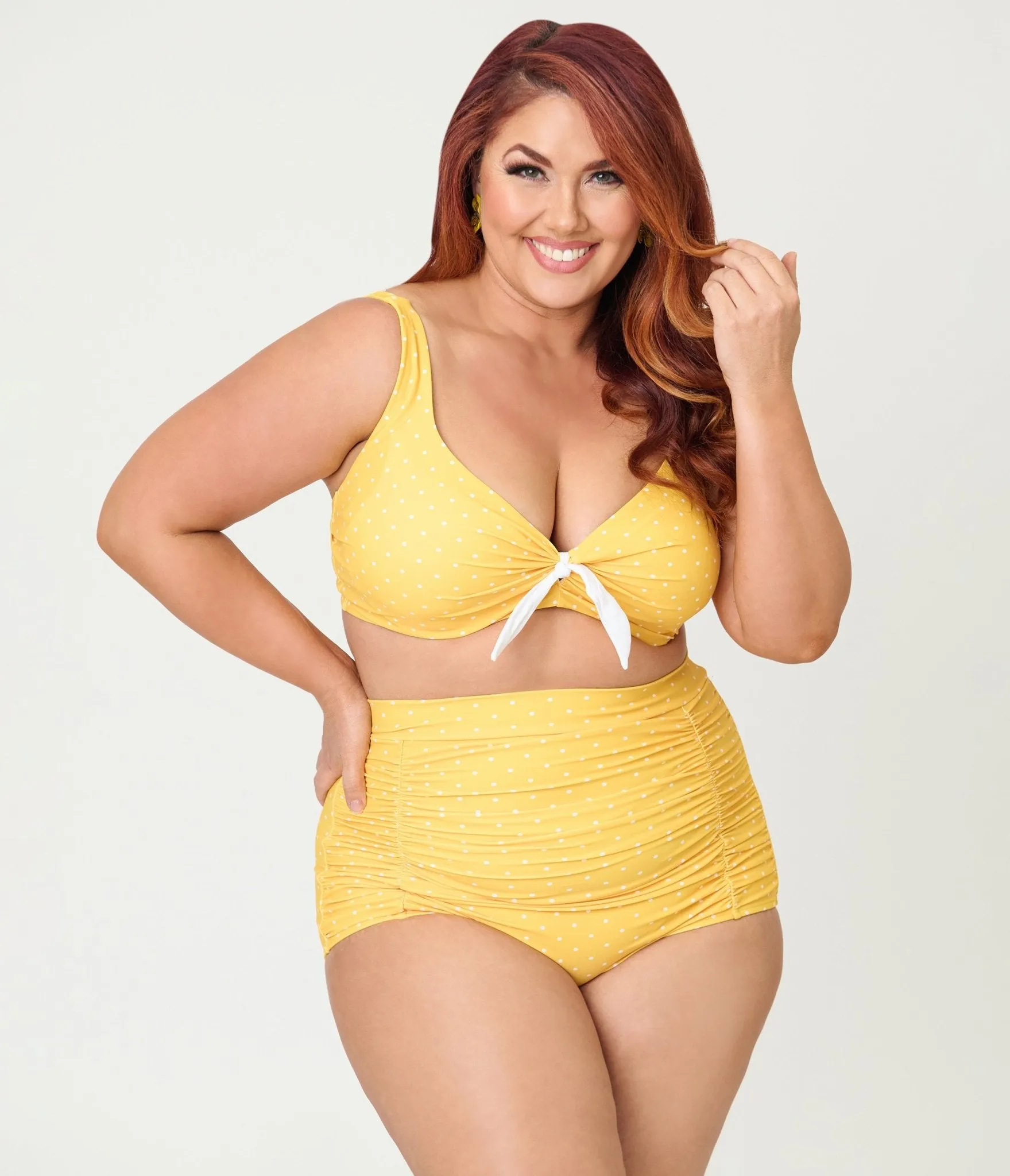 Unique Vintage Plus Size Yellow & White Pin Dot Monroe High Waist Swim Bottom sold by Unique Vintage product image thumbnail 4