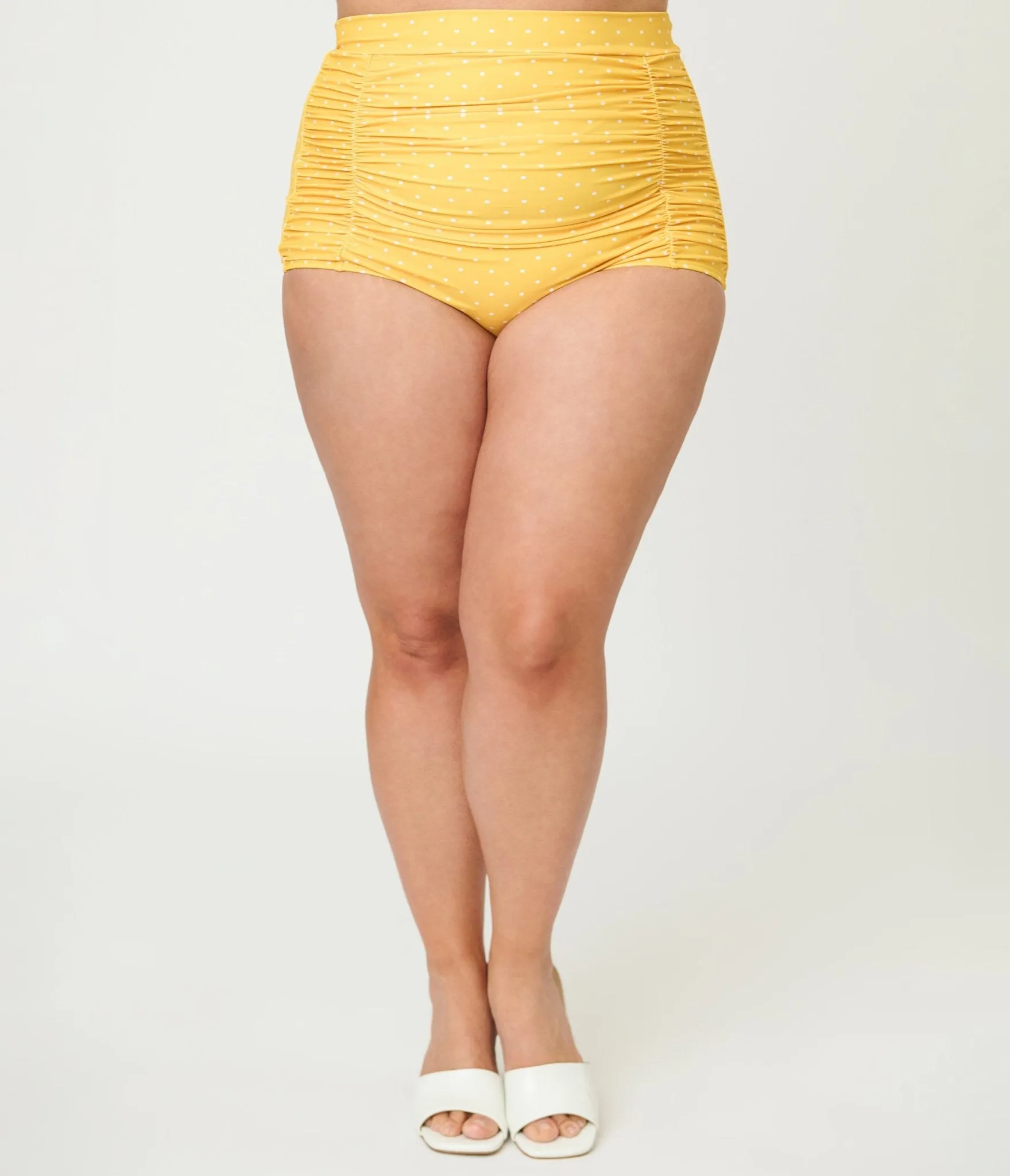 Unique Vintage Plus Size Yellow & White Pin Dot Monroe High Waist Swim Bottom sold by Unique Vintage product image thumbnail 2