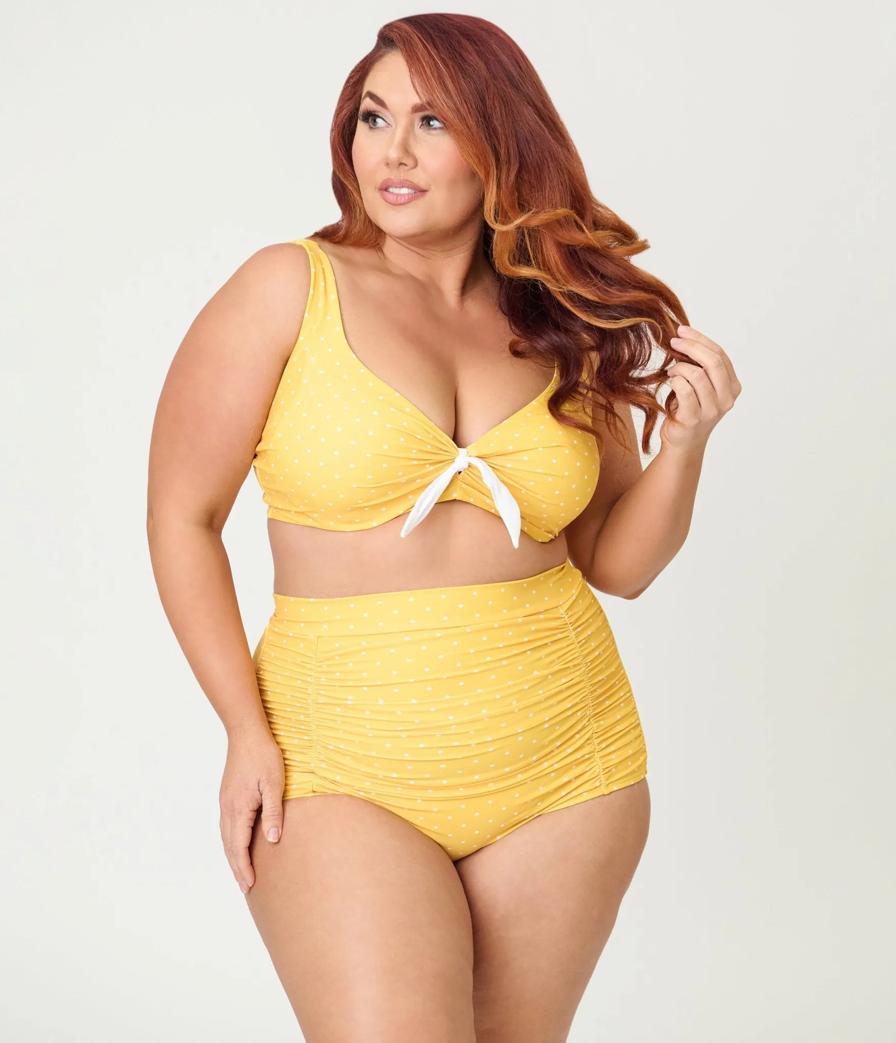 Unique Vintage Plus Size Yellow & White Pin Dot Monroe High Waist Swim Bottom sold by Unique Vintage