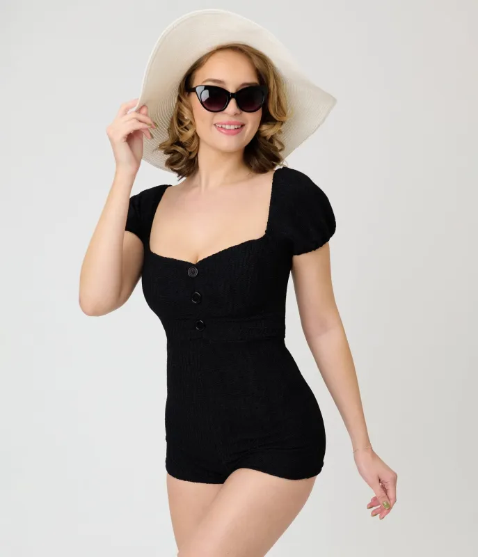 Pinky Pinups Black Puff Sleeve Romper Swim Suit made by Unique Vintage