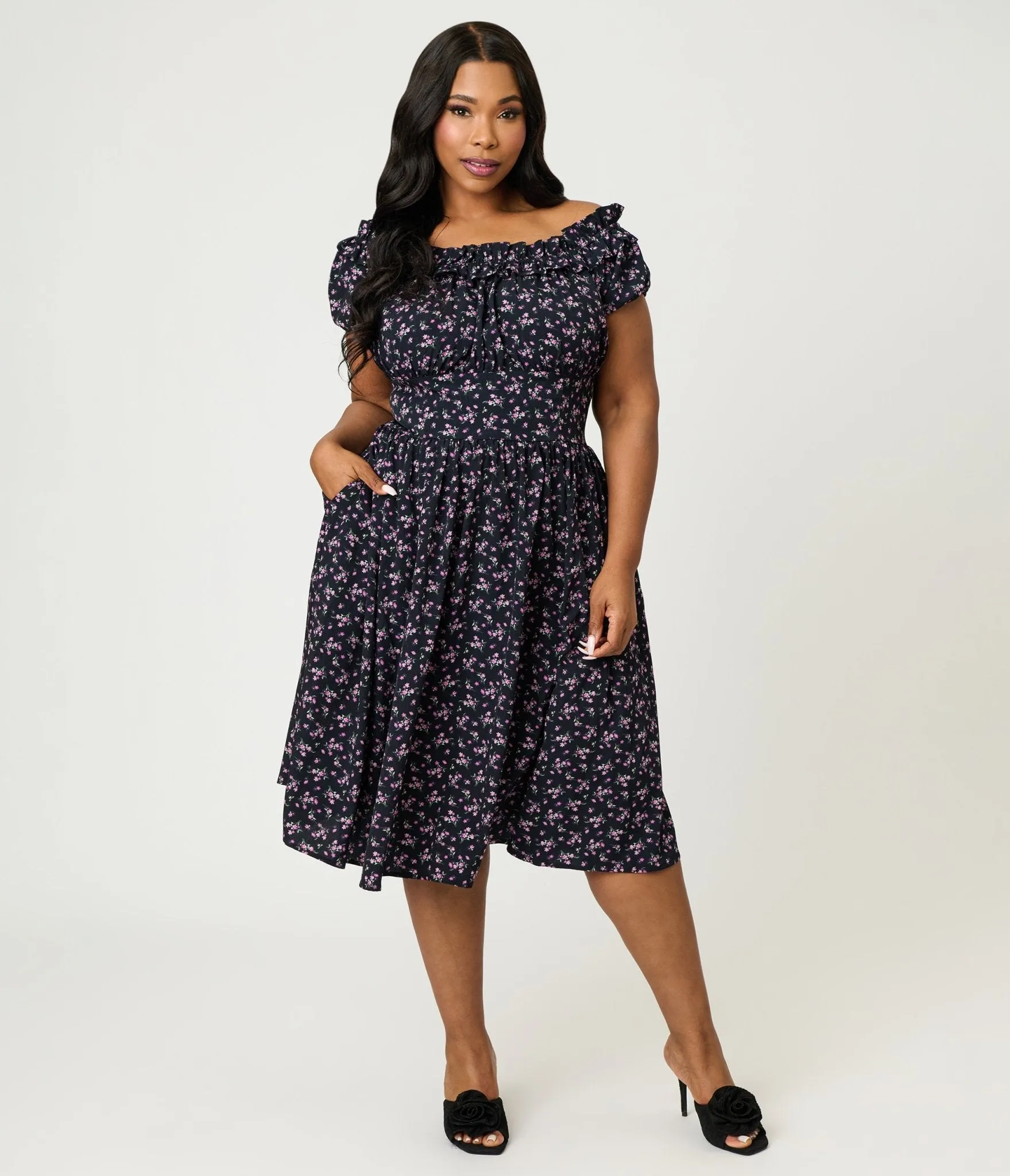 Unique Vintage Plus Size Purple Ditzy Off The Shoulder Ruffle Swing Dress sold by Unique Vintage product image thumbnail 4