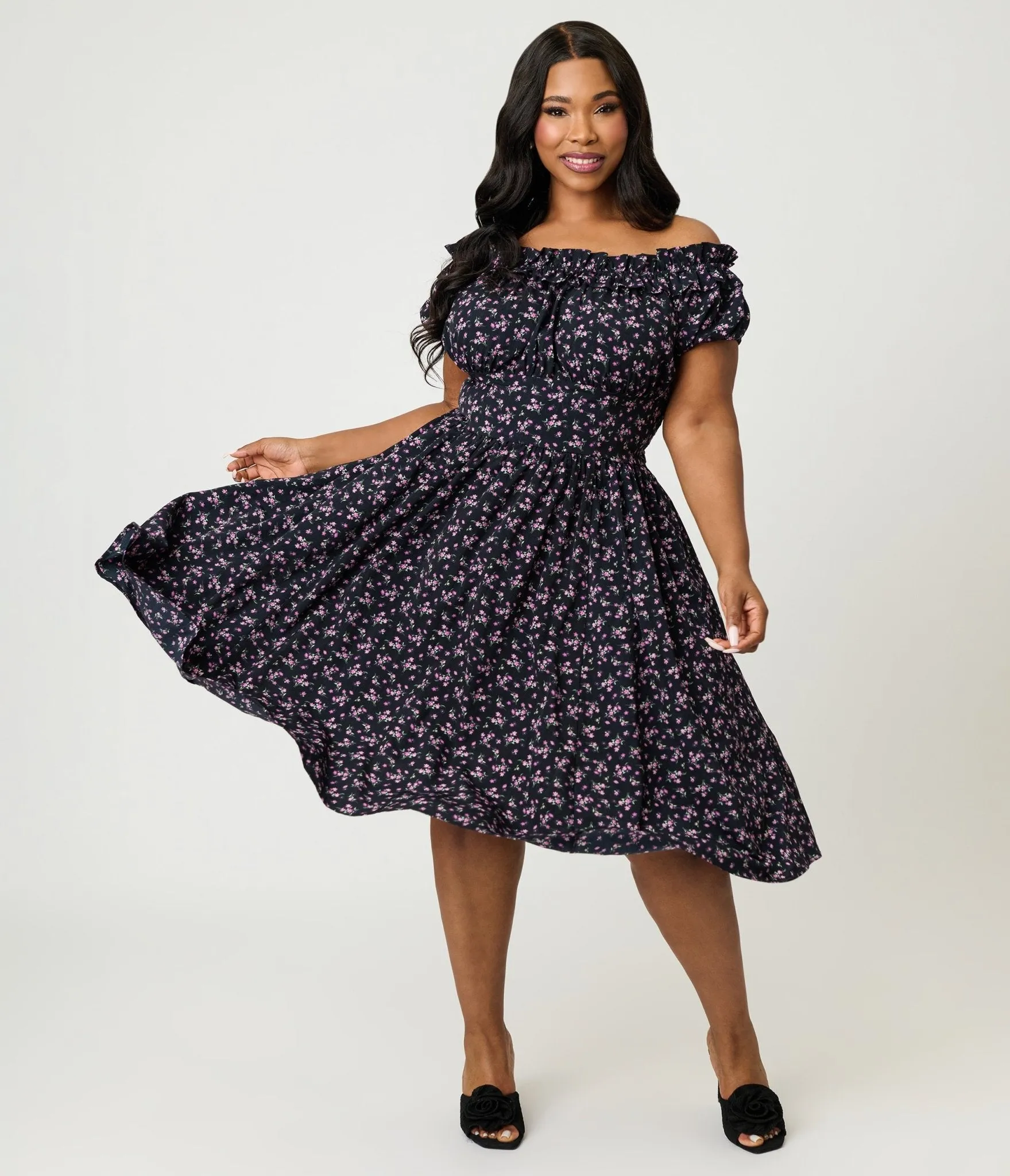 Unique Vintage Plus Size Purple Ditzy Off The Shoulder Ruffle Swing Dress sold by Unique Vintage product image thumbnail 3