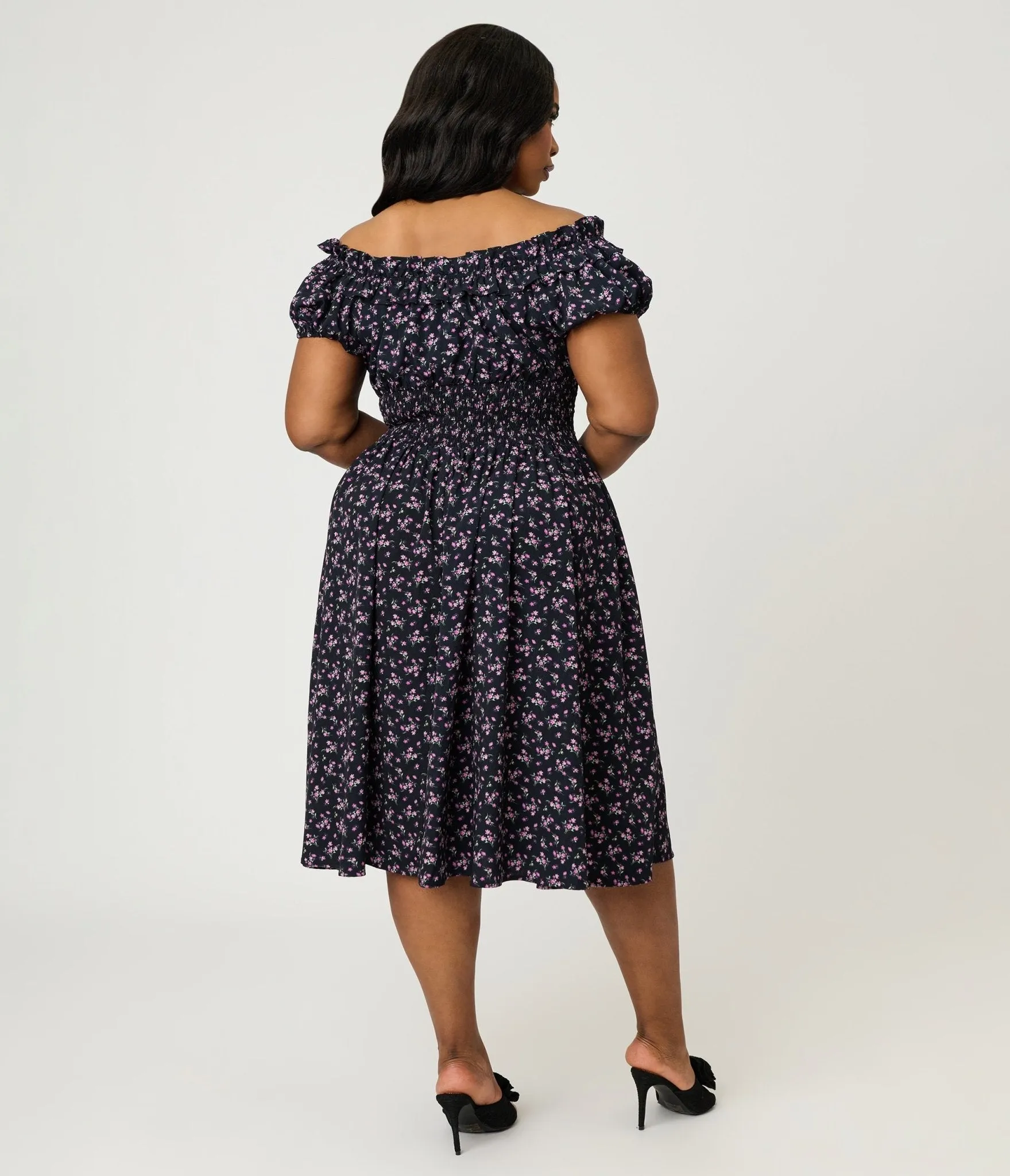 Unique Vintage Plus Size Purple Ditzy Off The Shoulder Ruffle Swing Dress sold by Unique Vintage product image thumbnail 2