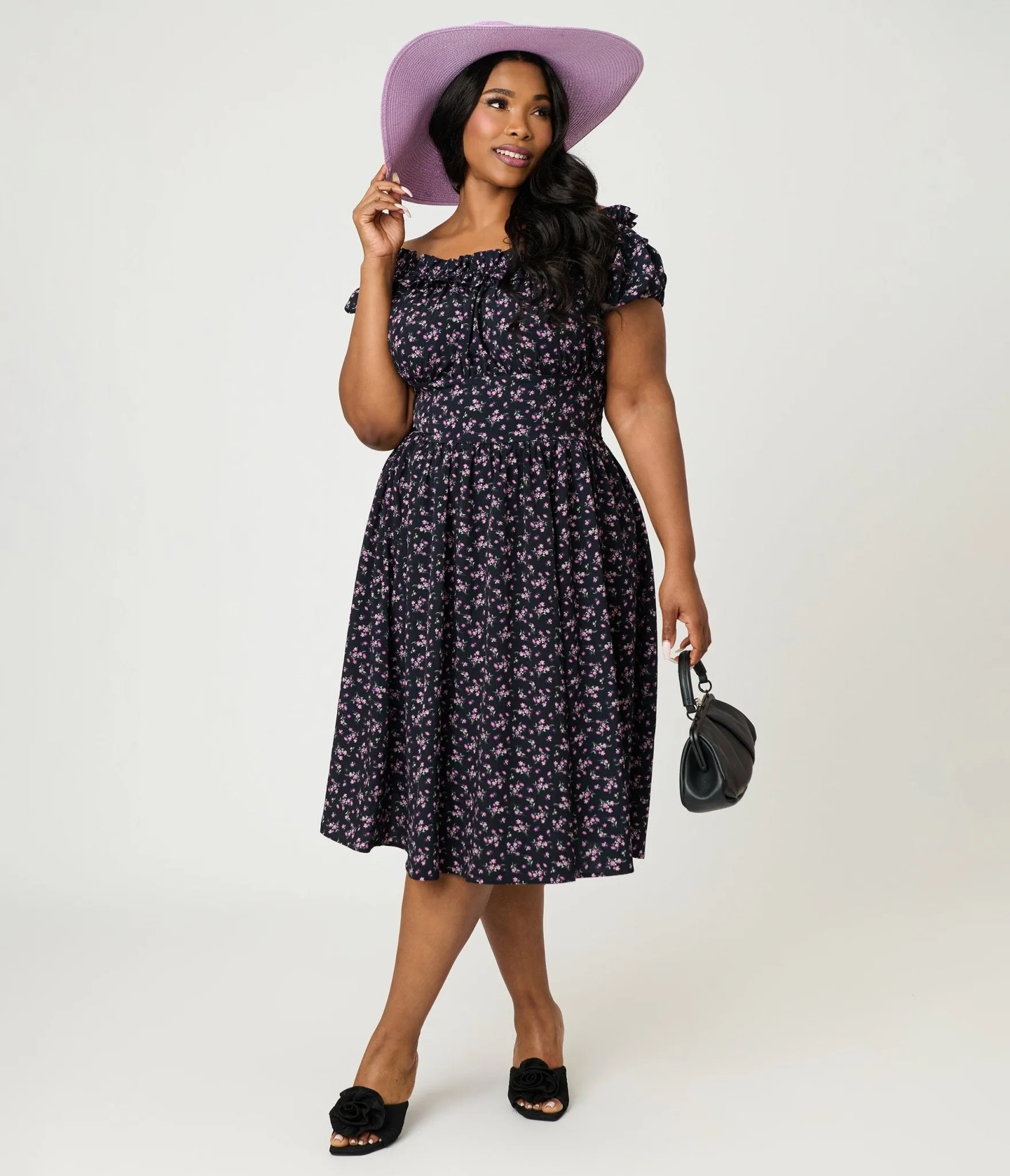 Unique Vintage Plus Size Purple Ditzy Off The Shoulder Ruffle Swing Dress sold by Unique Vintage