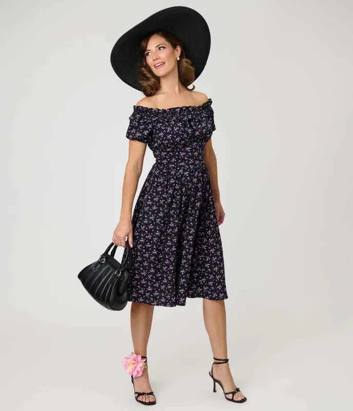 Unique Vintage Purple Ditzy Off The Shoulder Ruffle Swing Dress made by Unique Vintage