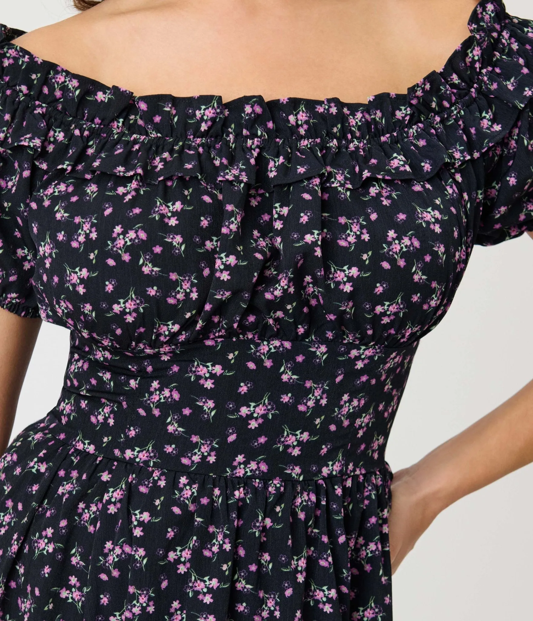 Unique Vintage Purple Ditzy Off The Shoulder Ruffle Swing Dress sold by Unique Vintage product image thumbnail 4
