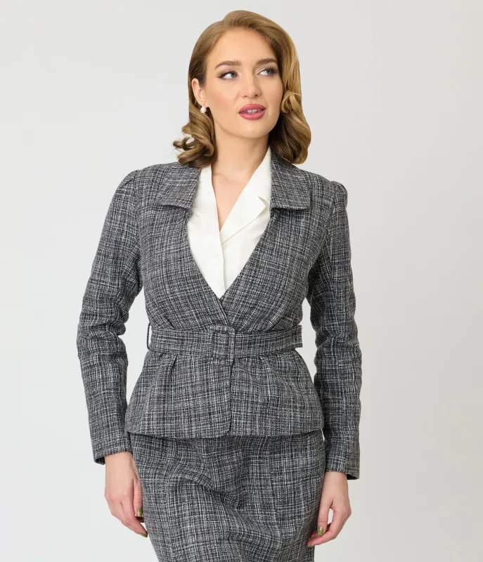 Unique Vintage Grey Tweed Belted Shawl Collar Jacket made by Unique Vintage