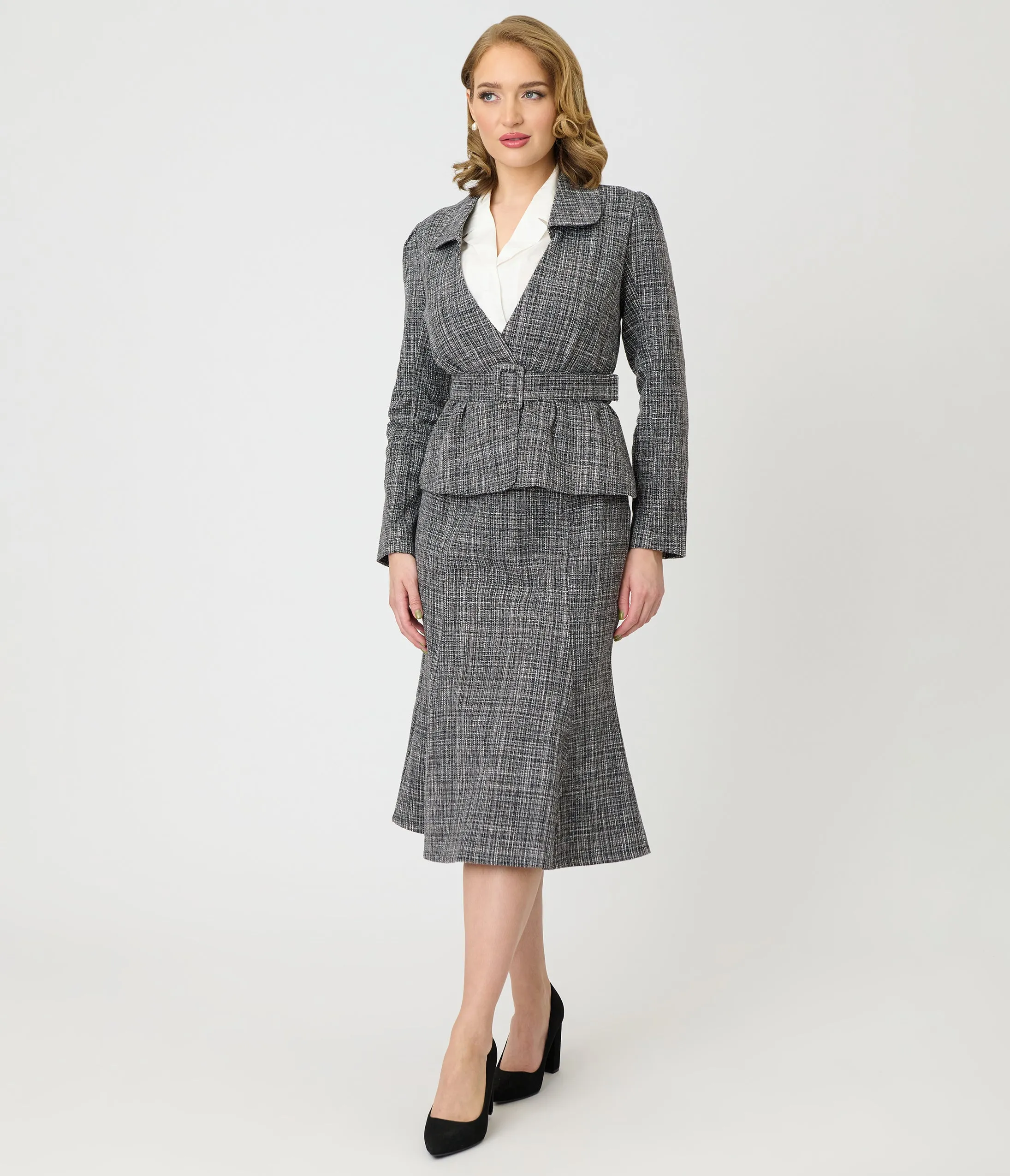 Unique Vintage Grey Tweed Belted Shawl Collar Jacket sold by Unique Vintage product image thumbnail 4