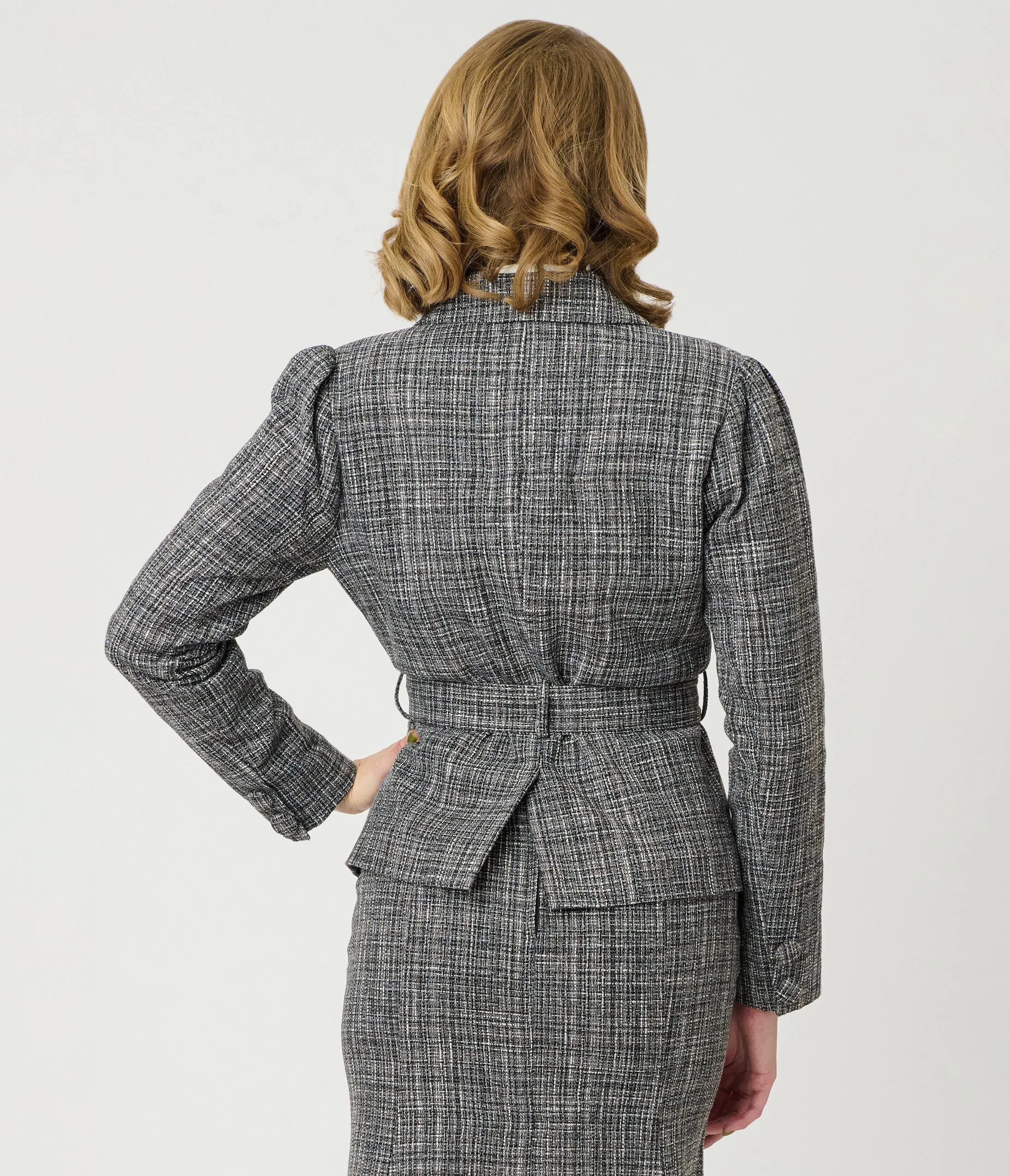 Unique Vintage Grey Tweed Belted Shawl Collar Jacket sold by Unique Vintage product image thumbnail 2