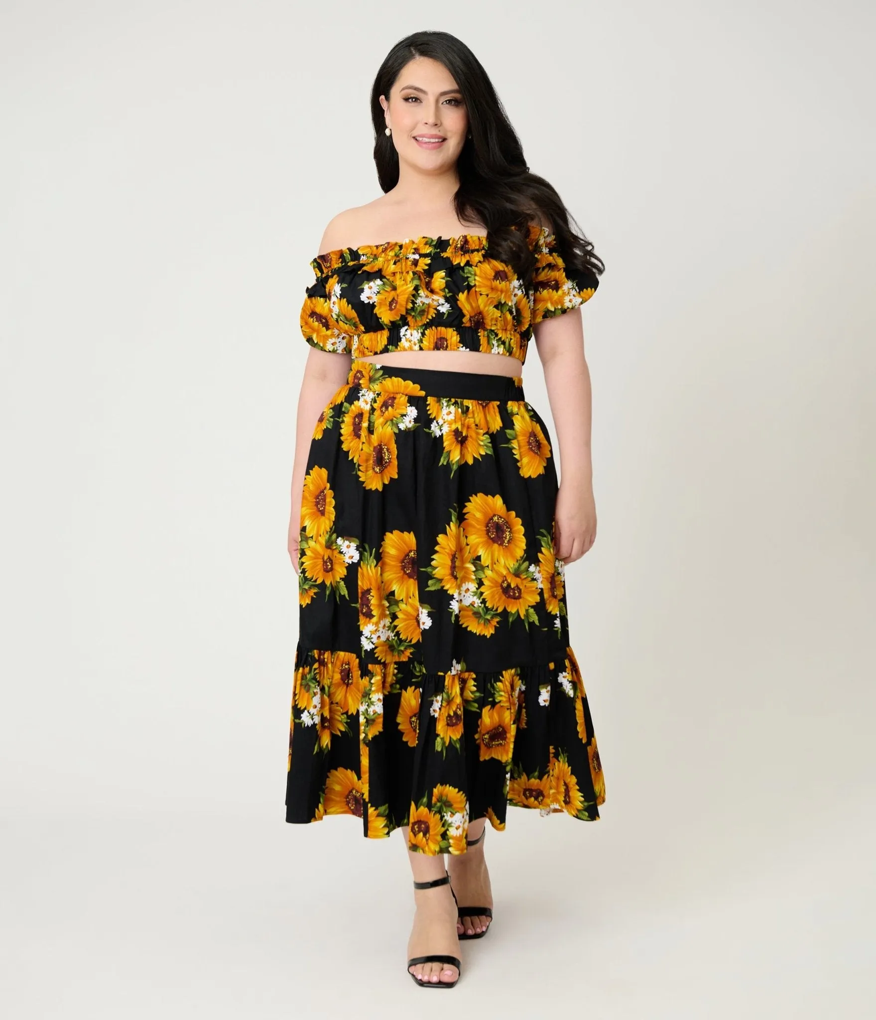 Unique Vintage Plus Size Black Sunflower Ruffle Up Crop Top sold by Unique Vintage product image thumbnail 5