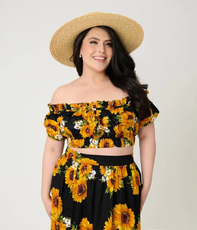 Unique Vintage Plus Size Black Sunflower Ruffle Up Crop Top made by Unique Vintage