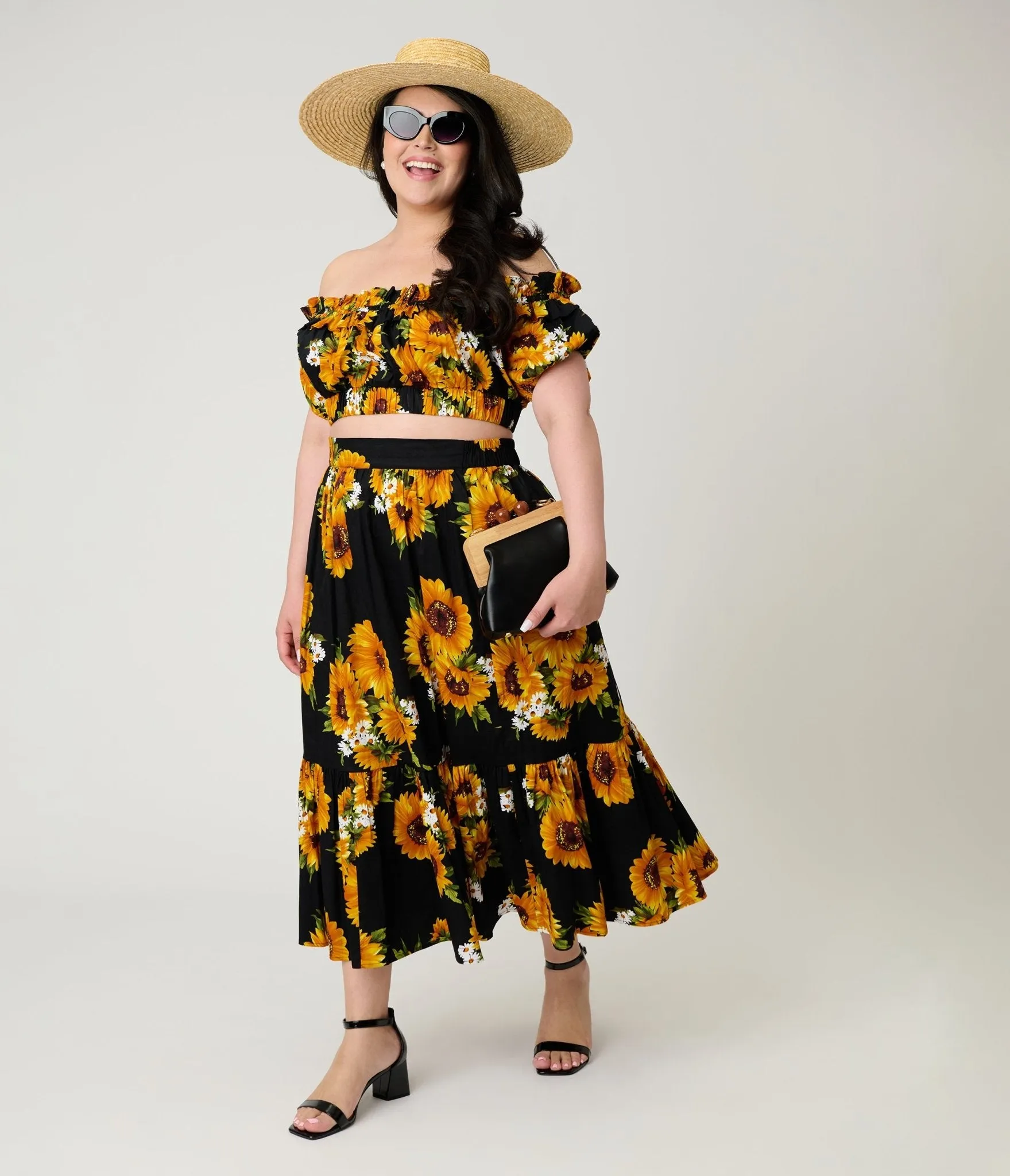 Unique Vintage Plus Size Black Sunflower Ruffle Up Crop Top sold by Unique Vintage product image thumbnail 4