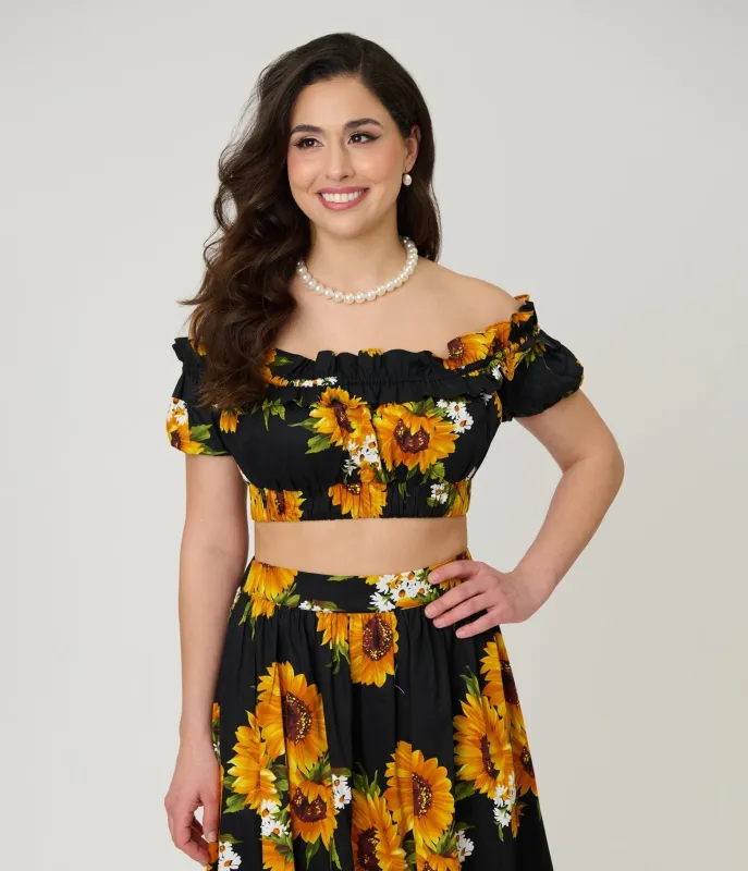 Unique Vintage Black Sunflower Ruffle Up Crop Top made by Unique Vintage