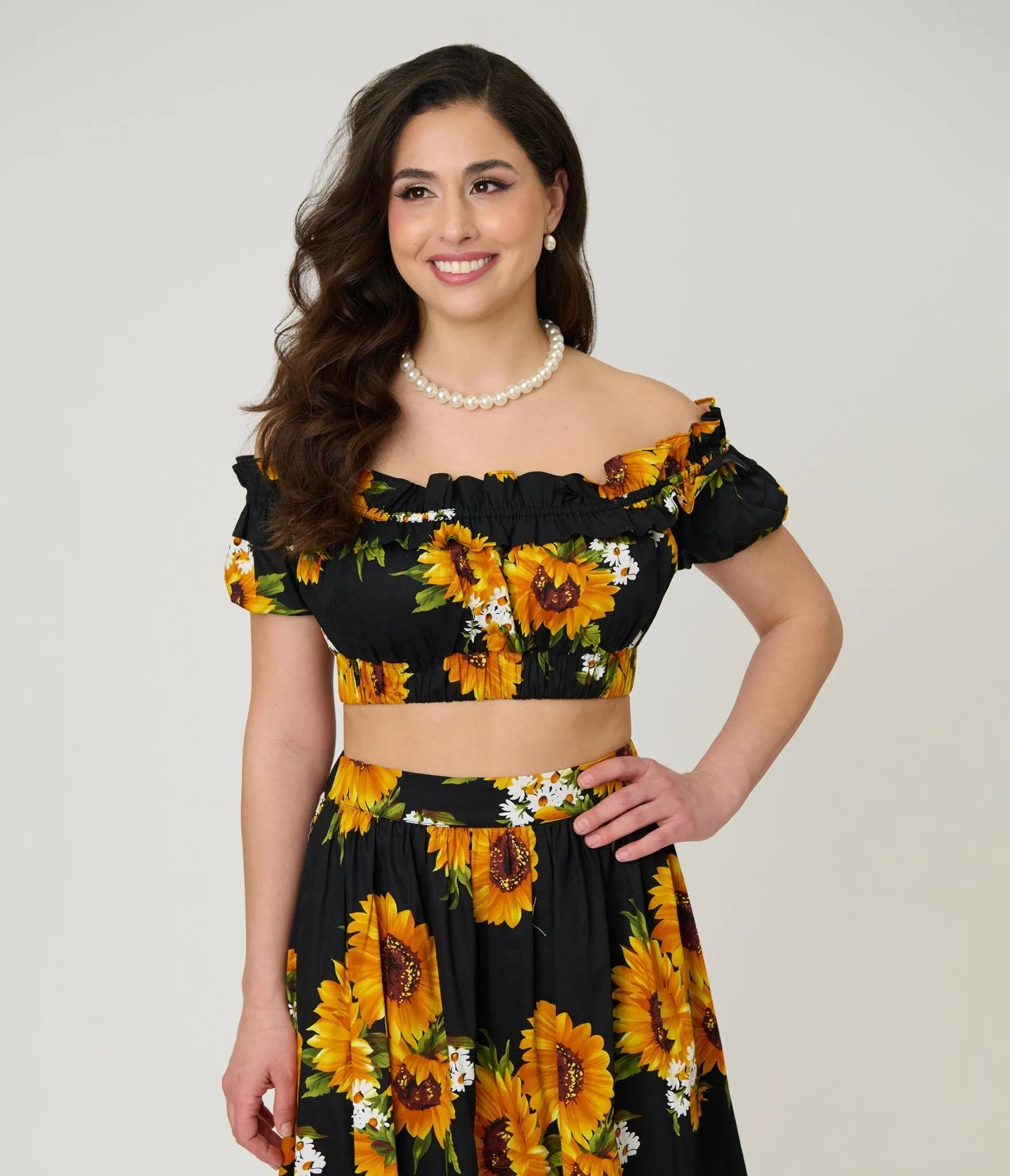 Unique Vintage Black Sunflower Ruffle Up Crop Top sold by Unique Vintage