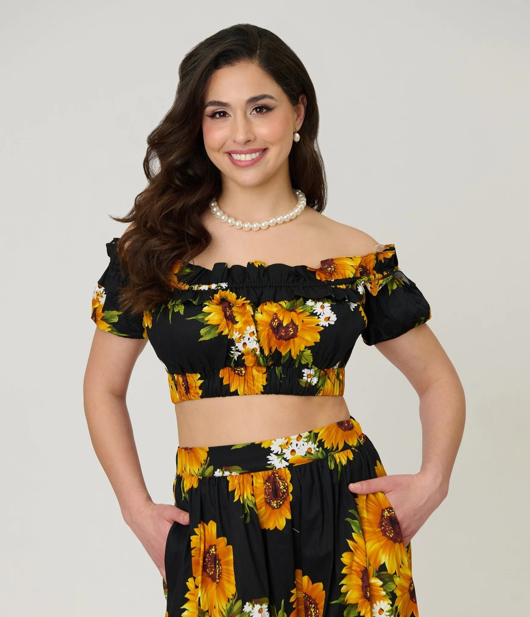 Unique Vintage Black Sunflower Ruffle Up Crop Top sold by Unique Vintage product image thumbnail 3