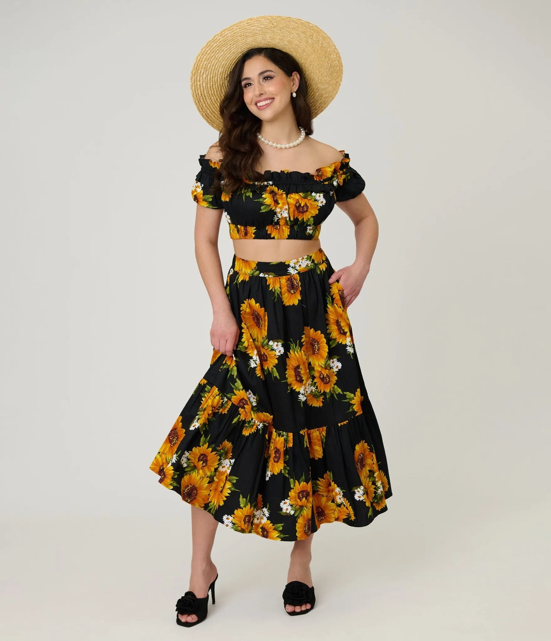 Unique Vintage Black Sunflower Ruffle Up Crop Top sold by Unique Vintage product image thumbnail 5
