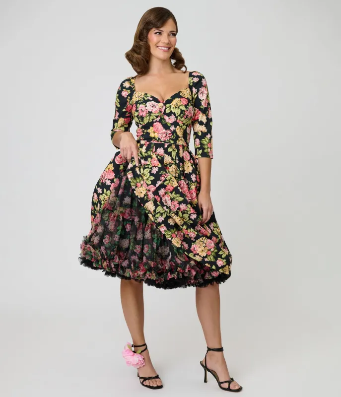 Unique Vintage Black Roses Ruffled Petticoat Crinoline made by Unique Vintage