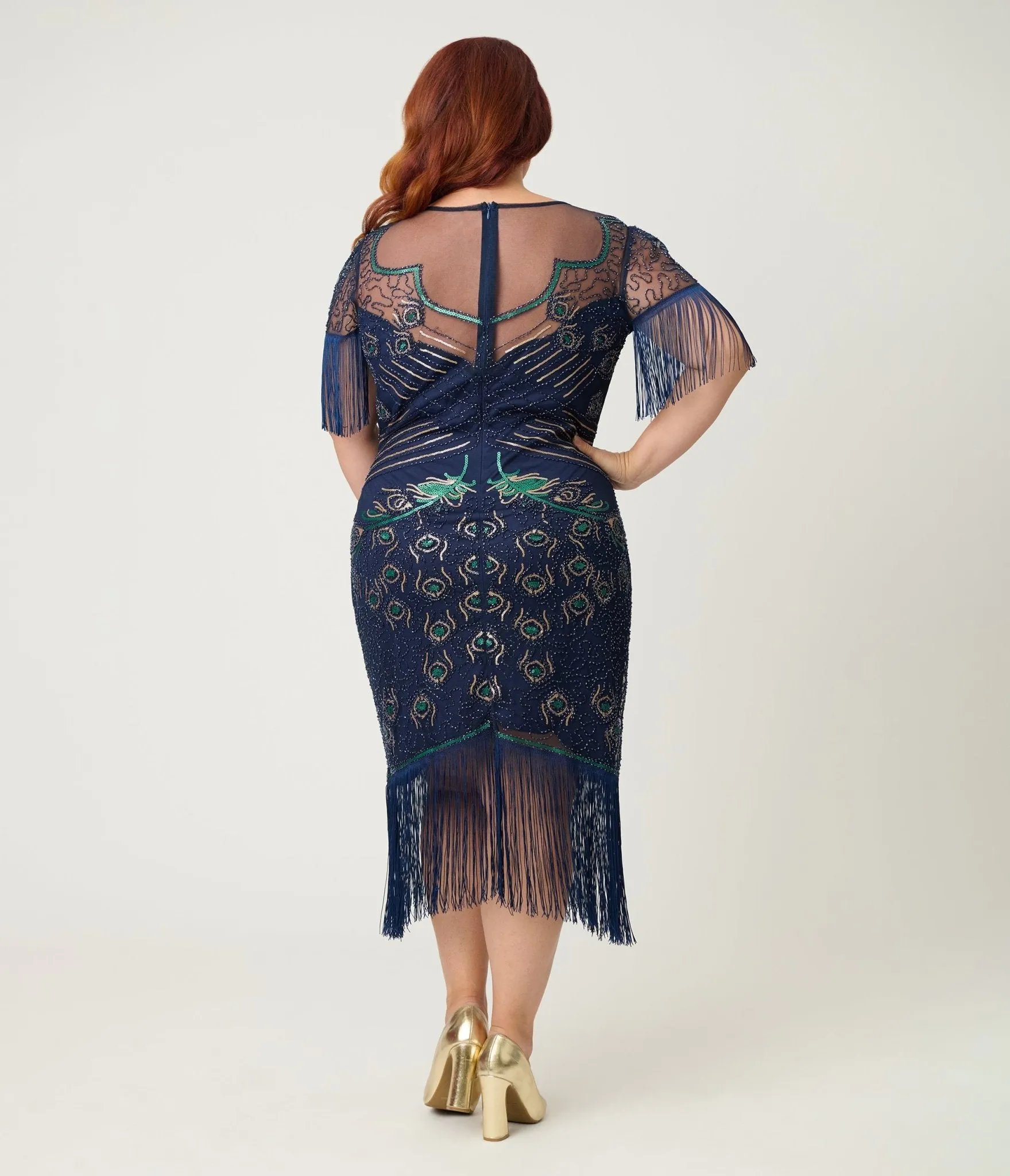 Unique Vintage Plus Size Navy & Green Peacock Beaded Nadine Fringe Flapper Dress sold by Unique Vintage product image thumbnail 2