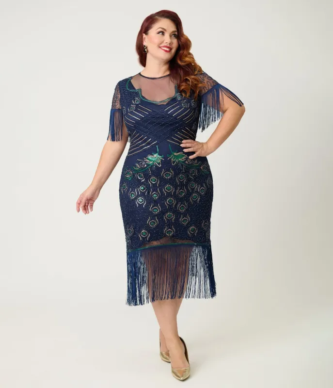 Unique Vintage Plus Size Navy & Green Peacock Beaded Nadine Fringe Flapper Dress made by Unique Vintage