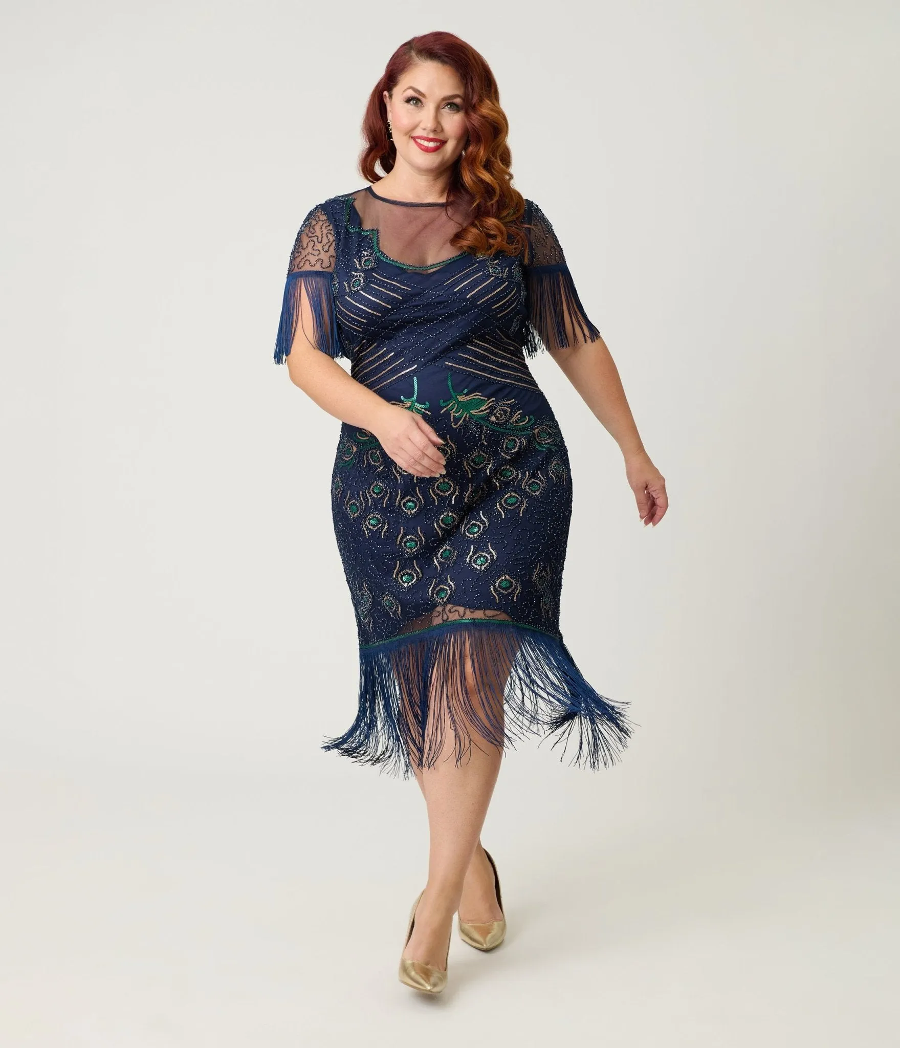 Unique Vintage Plus Size Navy & Green Peacock Beaded Nadine Fringe Flapper Dress sold by Unique Vintage product image thumbnail 3