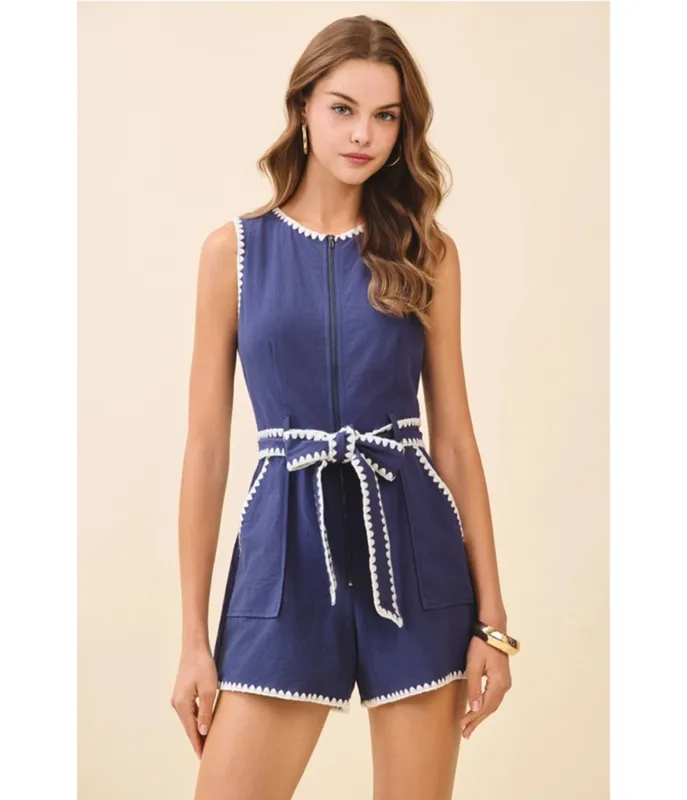 Navy Triangle Embroidery Detail Romper made by TCEC