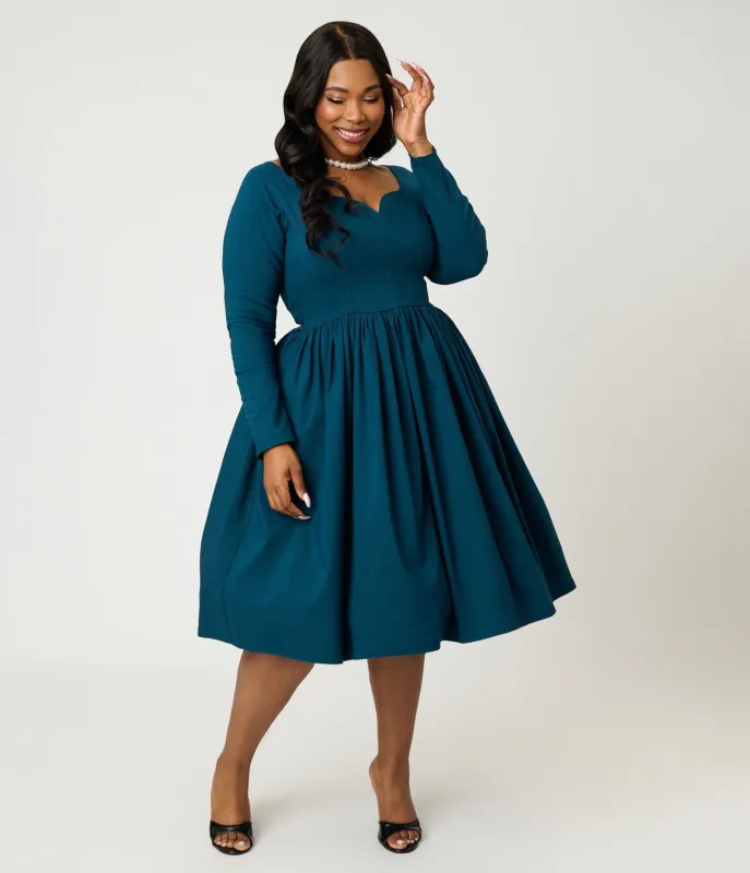 Unique Vintage Plus Size 1950s Teal Sweetheart Swing Dress made by Unique Vintage