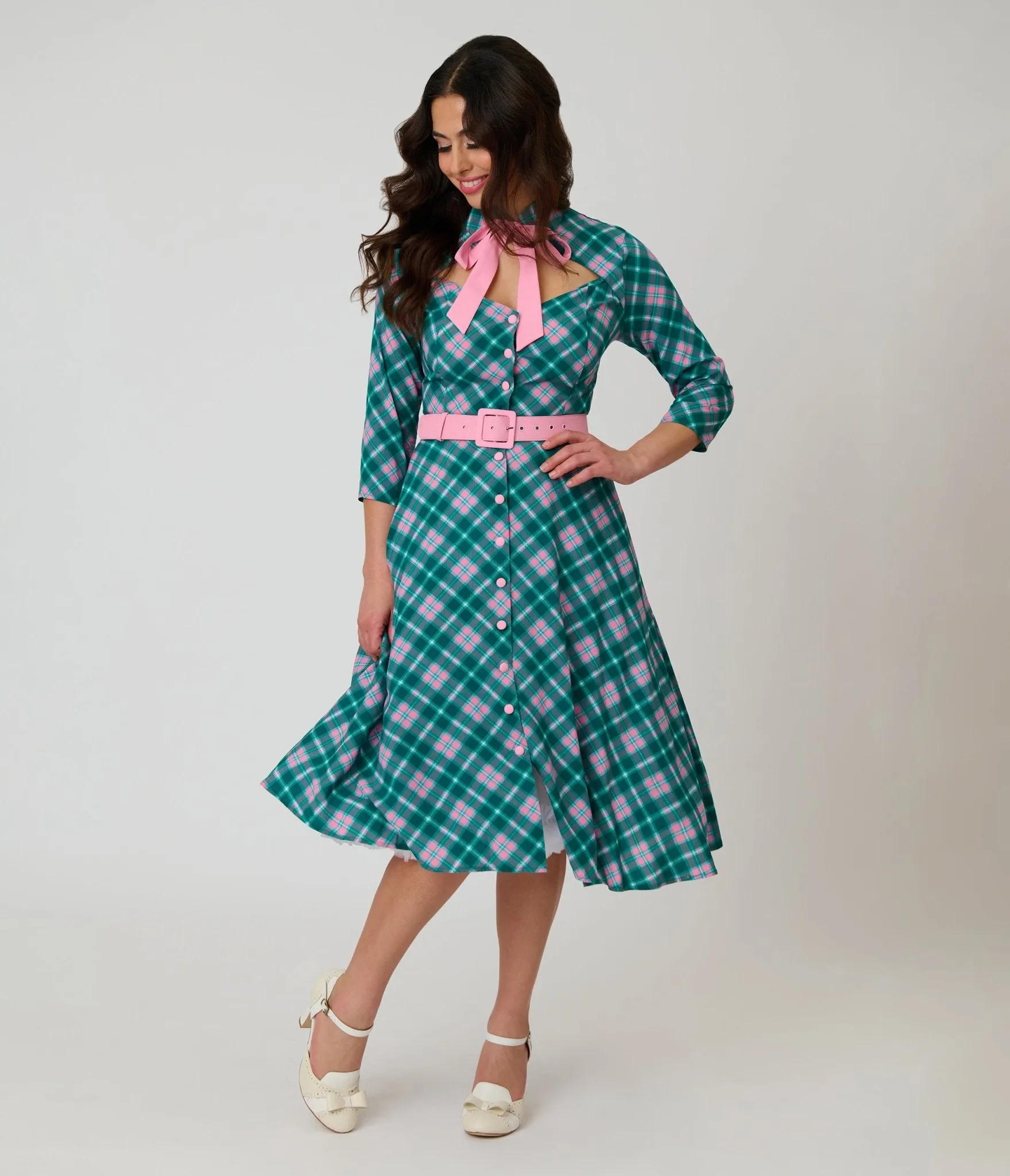Unique Vintage Green & Light Pink Bias Plaid Swing Dress sold by Unique Vintage product image thumbnail 3