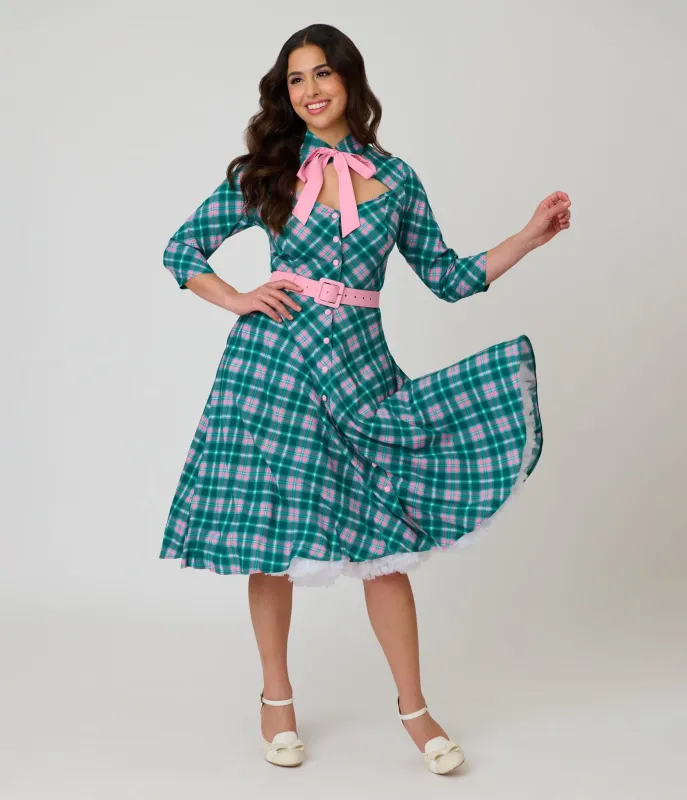 Unique Vintage Green & Light Pink Bias Plaid Swing Dress made by Unique Vintage