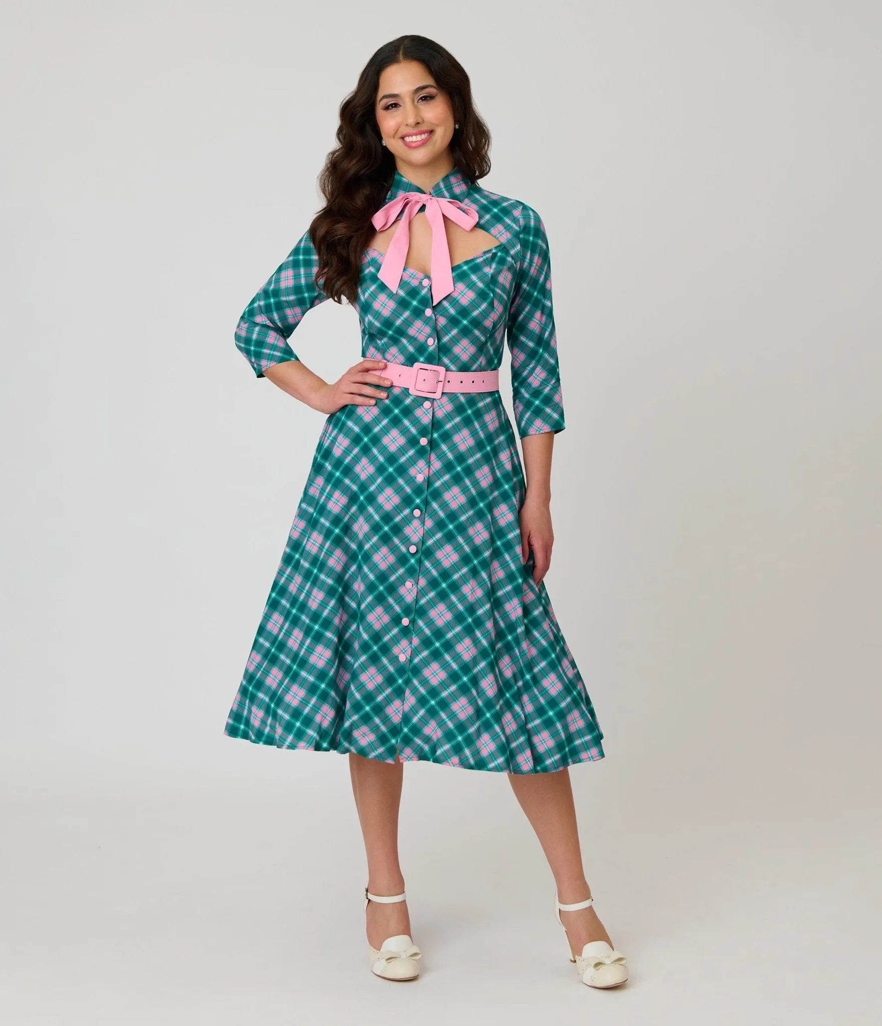 Unique Vintage Green & Light Pink Bias Plaid Swing Dress sold by Unique Vintage product image thumbnail 4