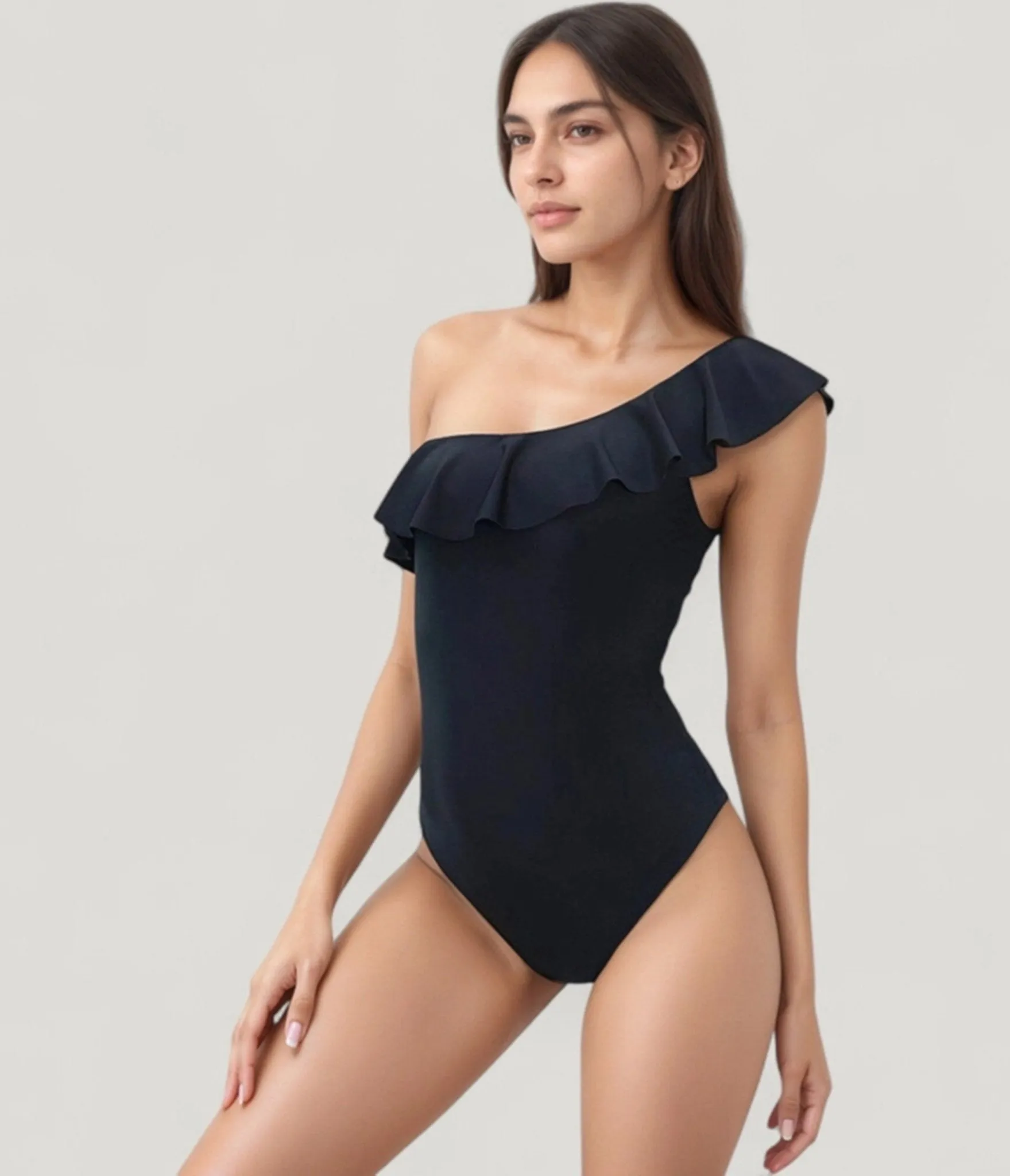 Black One Shoulder Ruffle One Piece Swimsuit sold by Unique Vintage product image thumbnail 4