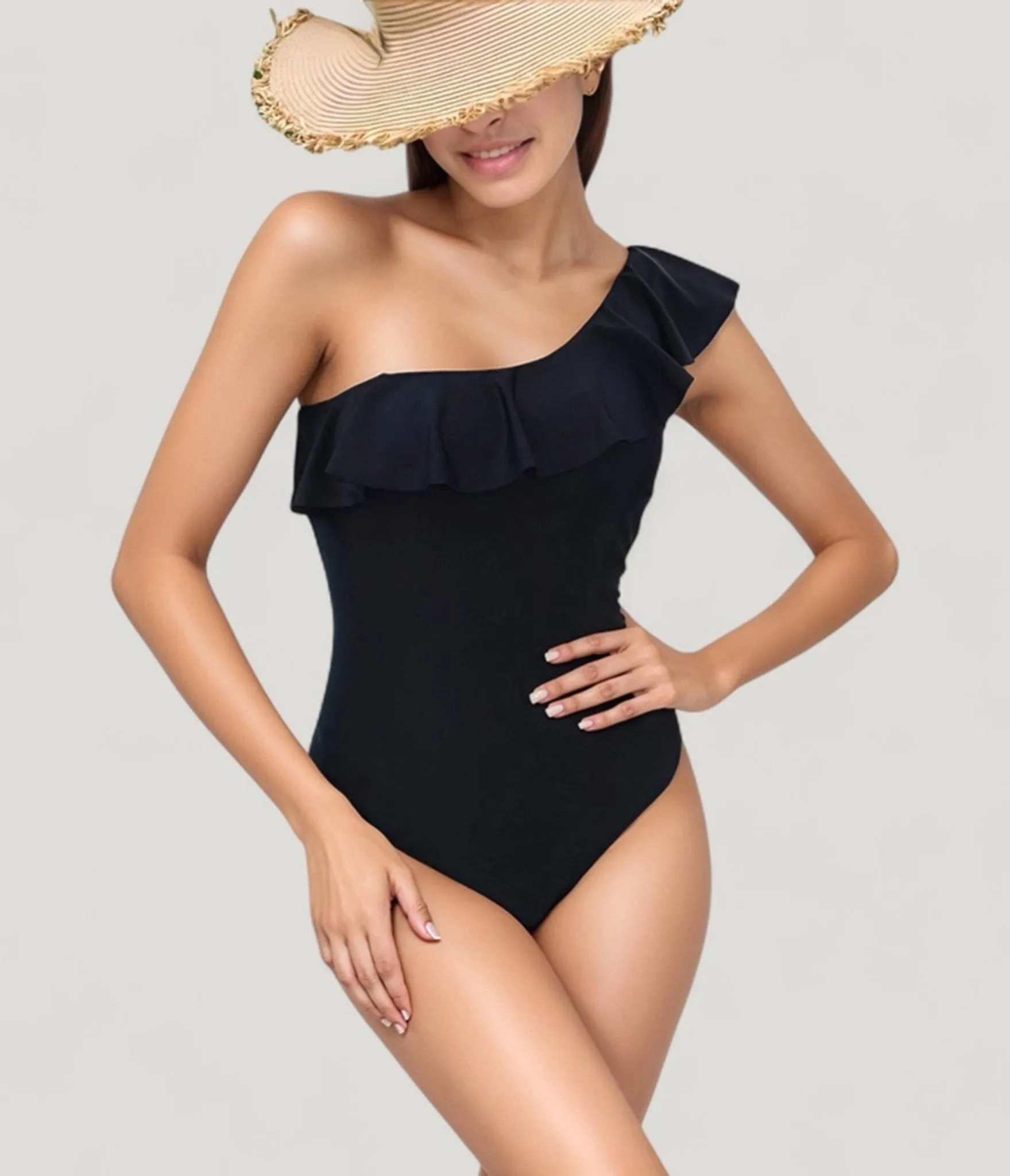 Black One Shoulder Ruffle One Piece Swimsuit sold by Unique Vintage