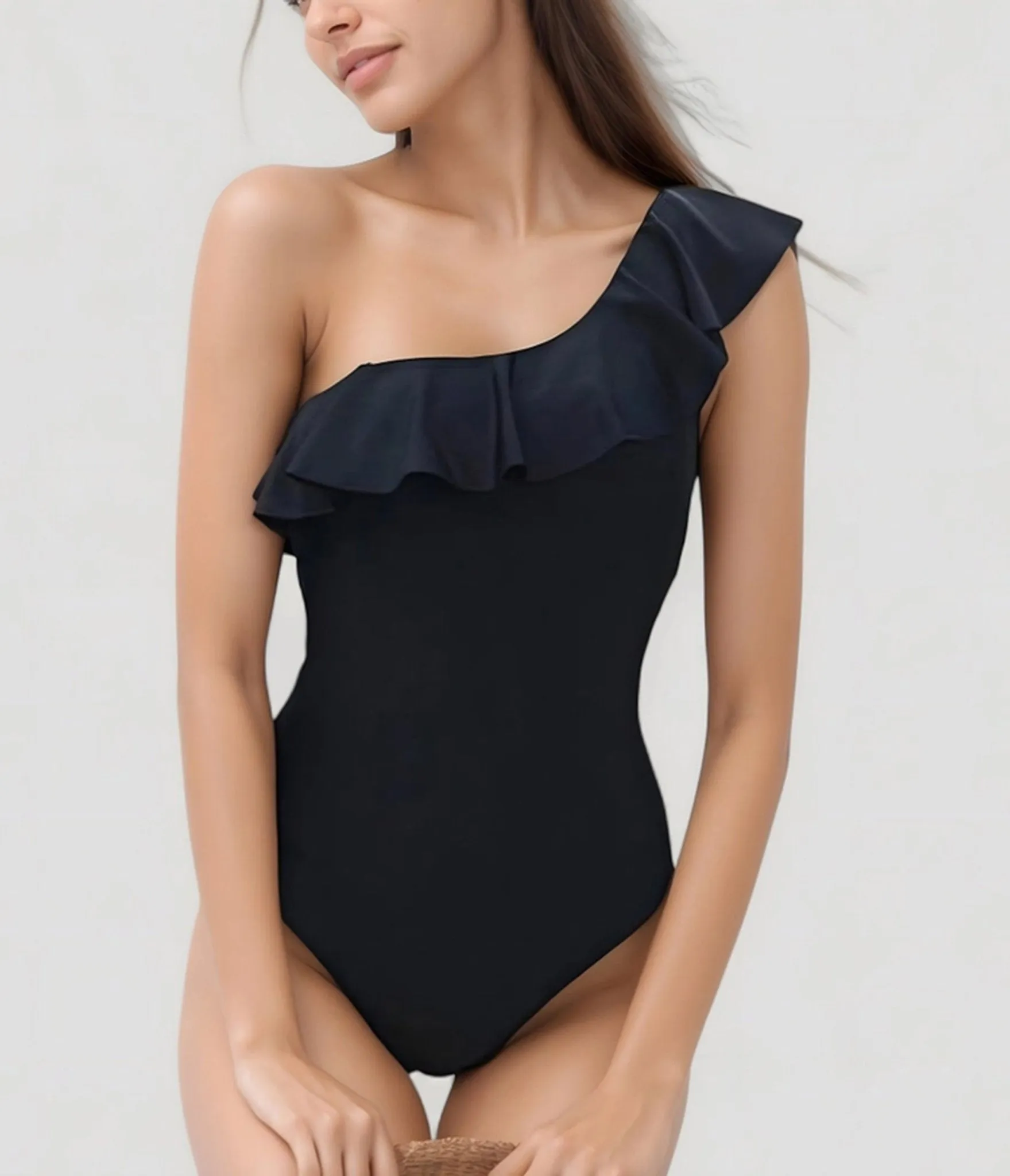 Black One Shoulder Ruffle One Piece Swimsuit sold by Unique Vintage product image thumbnail 5