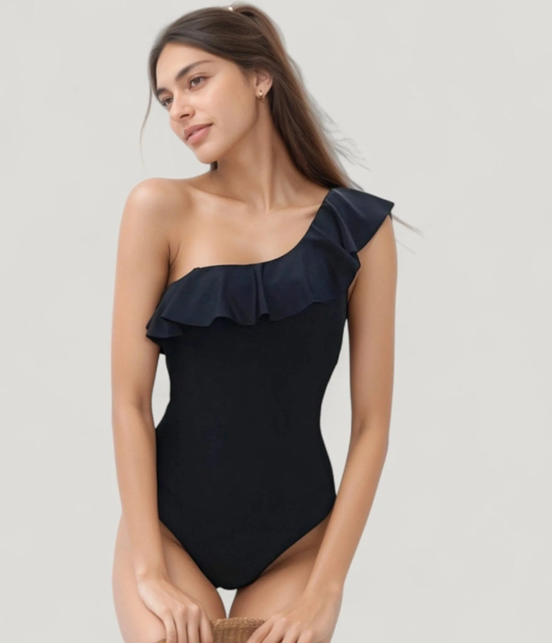 Black One Shoulder Ruffle One Piece Swimsuit sold by Unique Vintage product image thumbnail 3