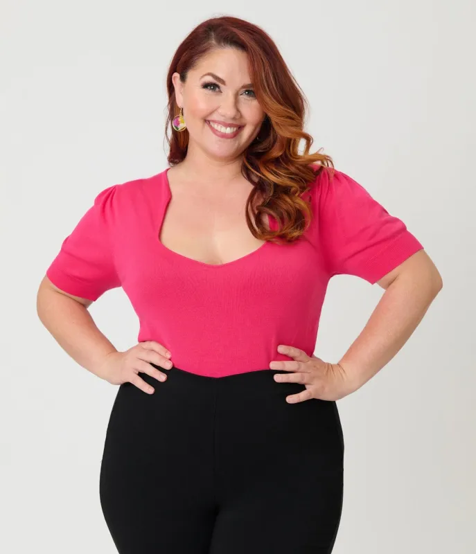 Unique Vintage Plus Size Hot Pink Short Sleeve Sweater made by Unique Vintage