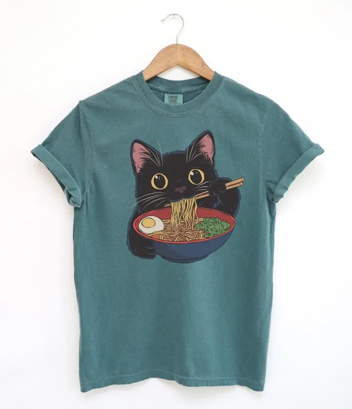 Teal Cat Ramen Graphic Tee made by Unique Vintage
