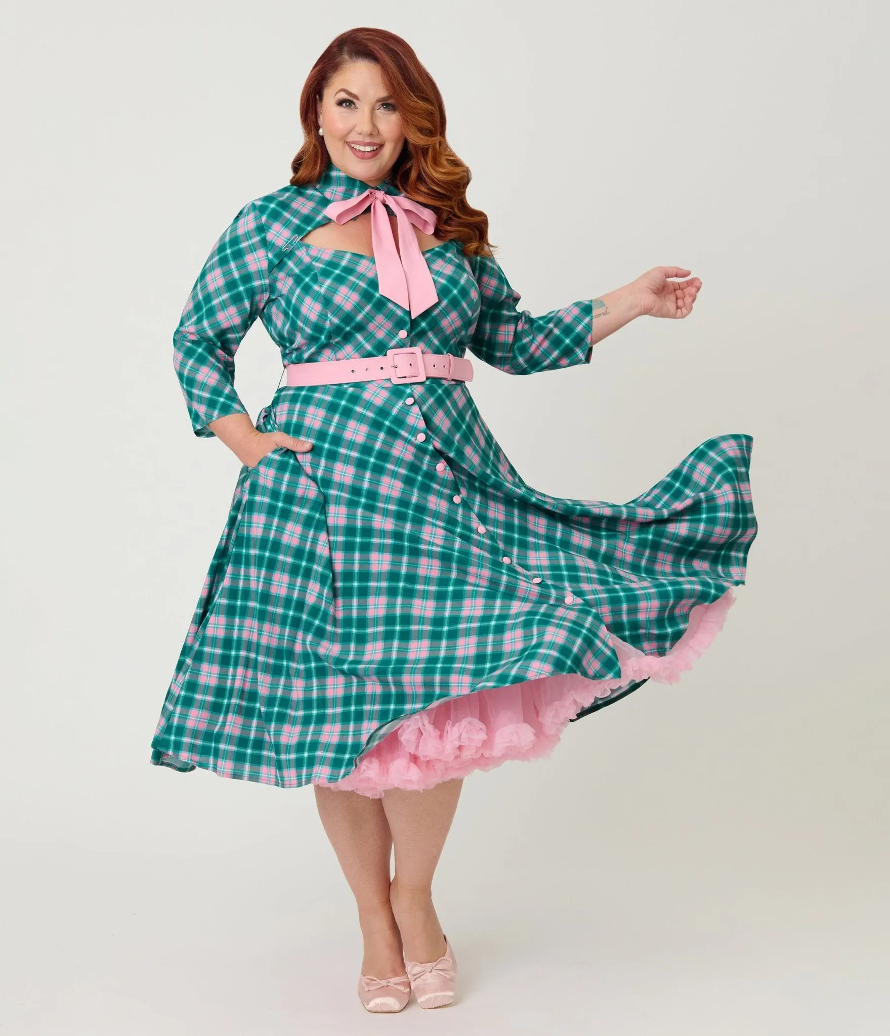 Unique Vintage Plus Size Green & Light Pink Bias Plaid Swing Dress sold by Unique Vintage