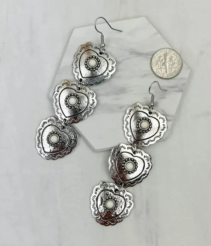 Silver Tone White Stone Heart Dangle Earrings made by Unique Vintage