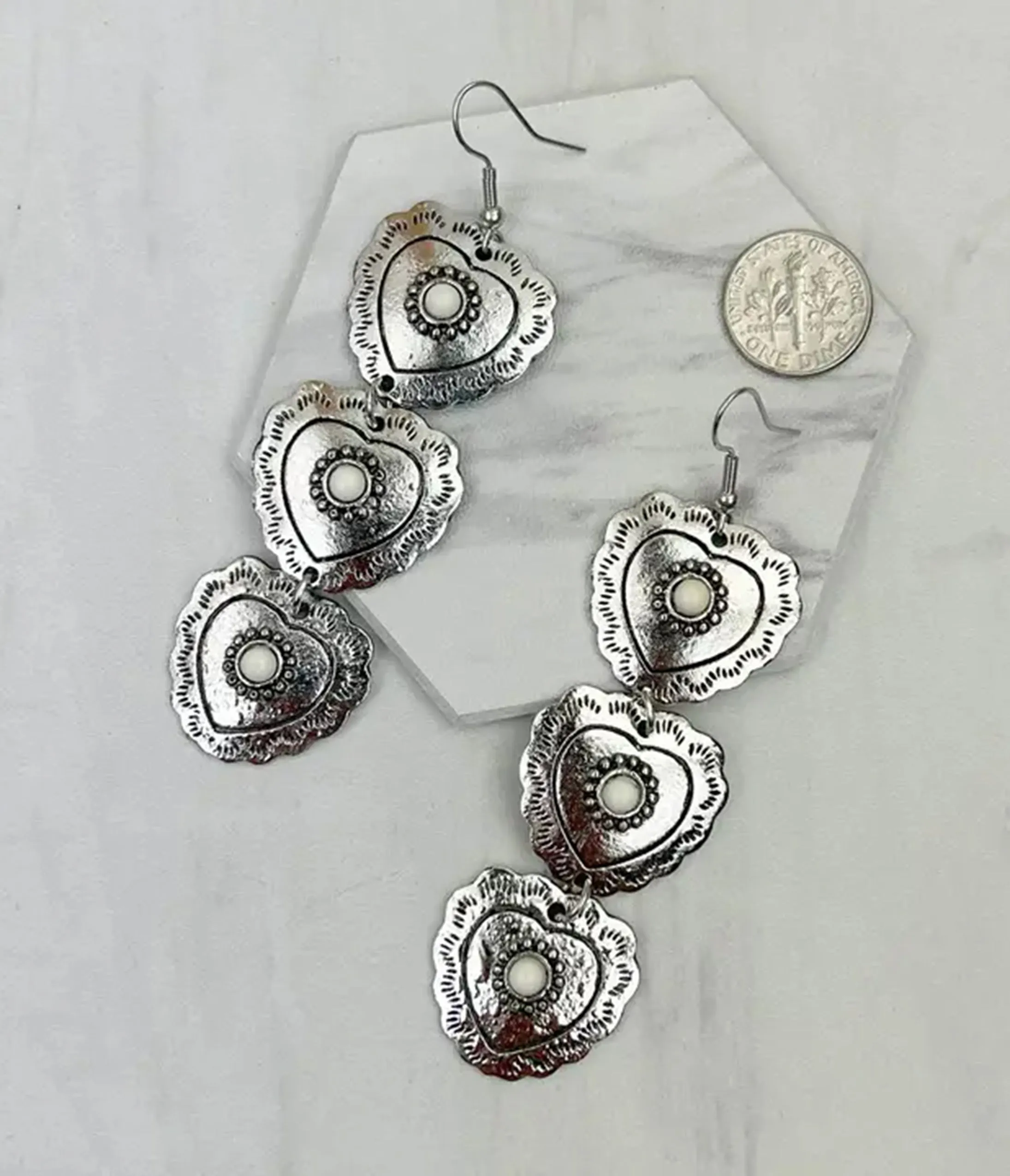 Silver Tone White Stone Heart Dangle Earrings sold by Unique Vintage
