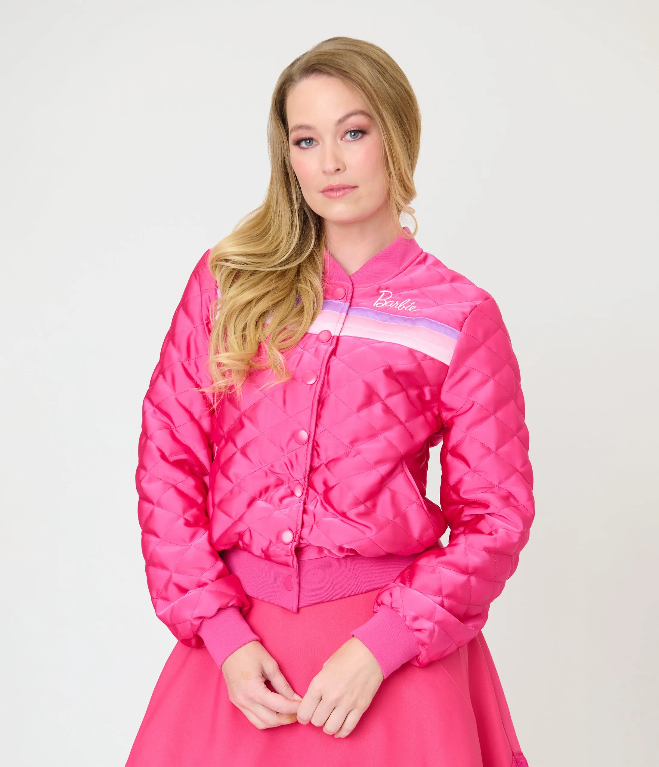 Barbie™ x Unique Vintage Pink Satin Quilted Varsity Jacket sold by Unique Vintage product image thumbnail 3