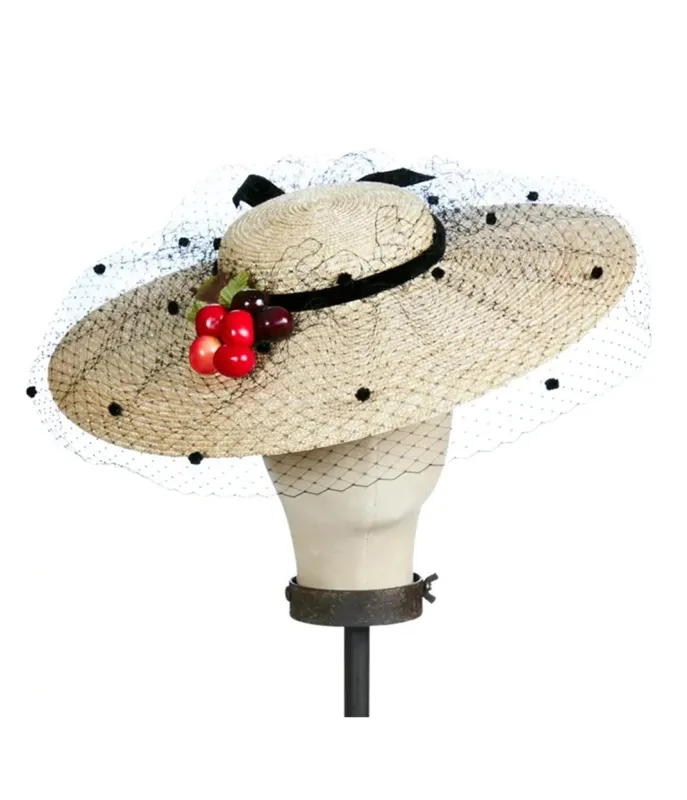 Kathy Jeanne Straw & Cherry Platter Fascinator made by Unique Vintage