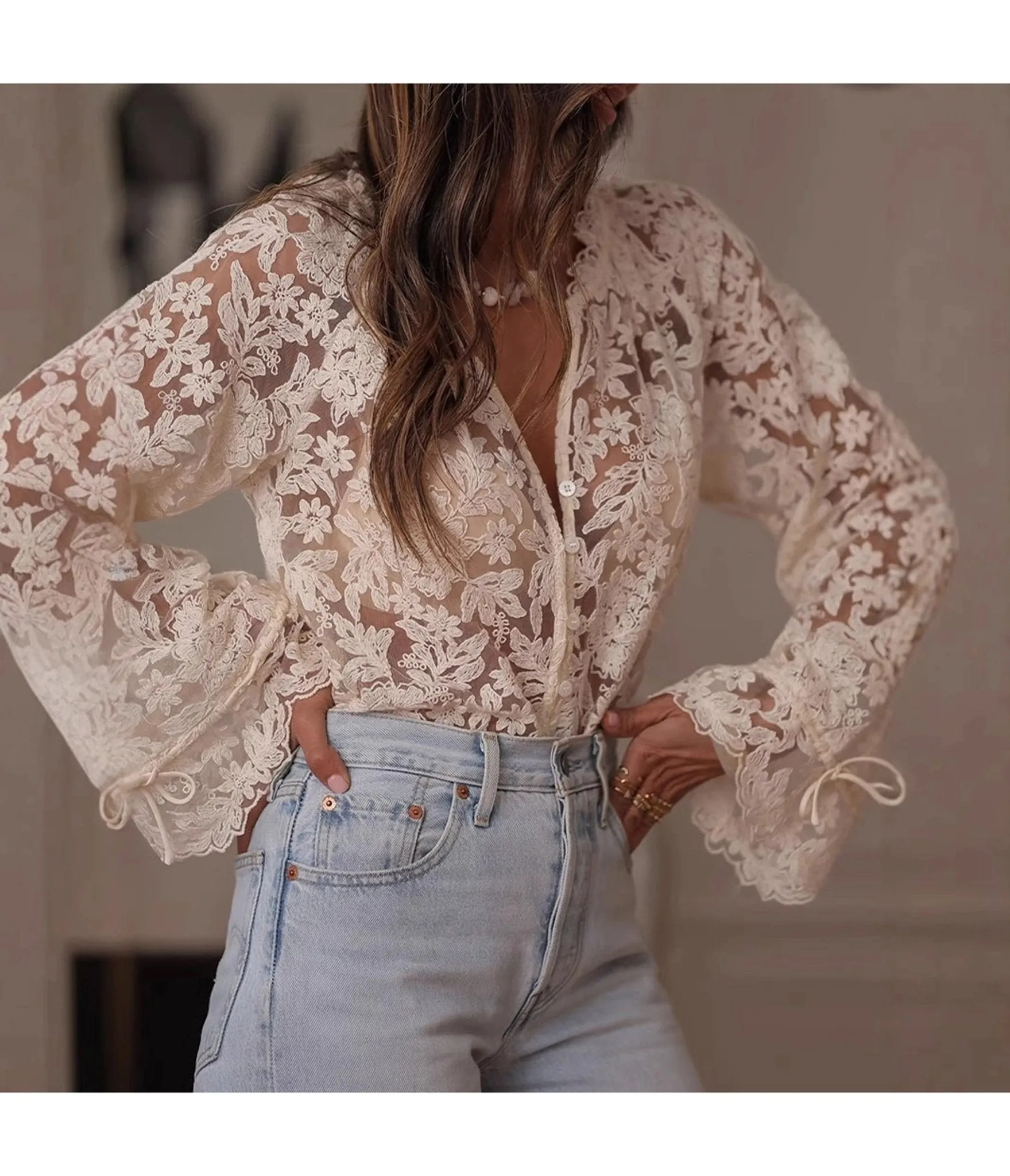 Off White Sheer Lace Blouse sold by Unique Vintage product image thumbnail 4