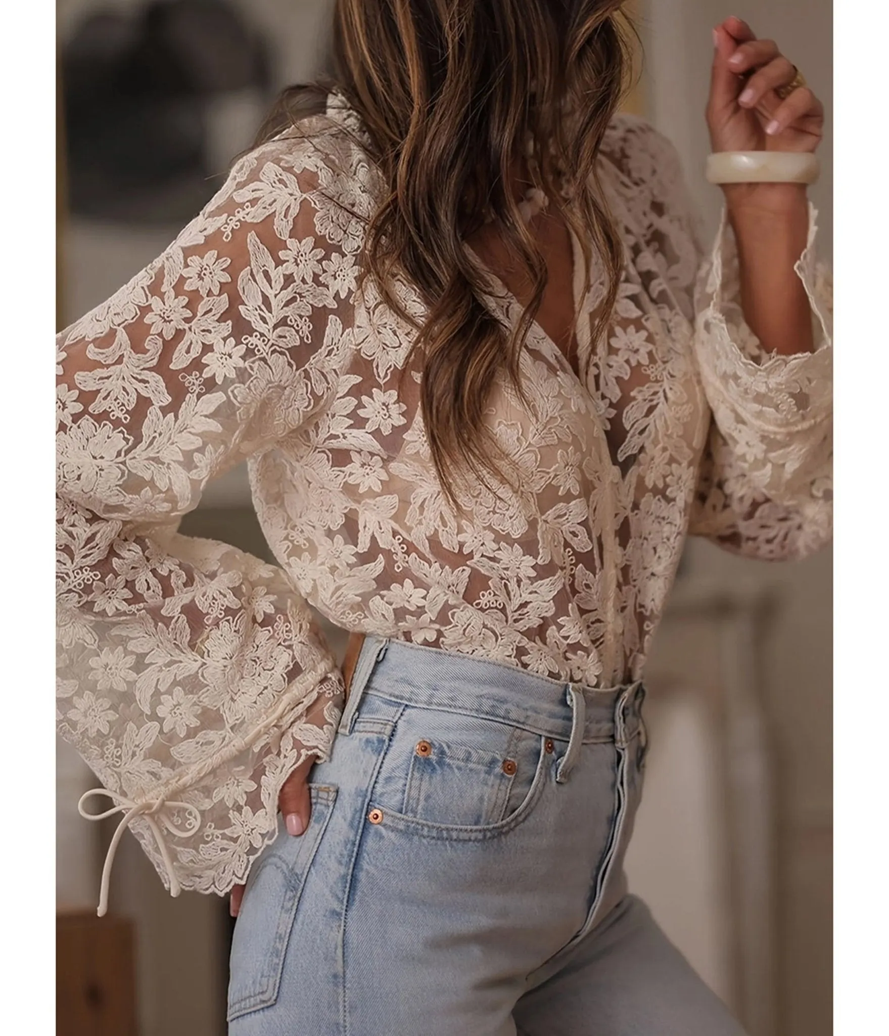 Off White Sheer Lace Blouse sold by Unique Vintage product image thumbnail 2