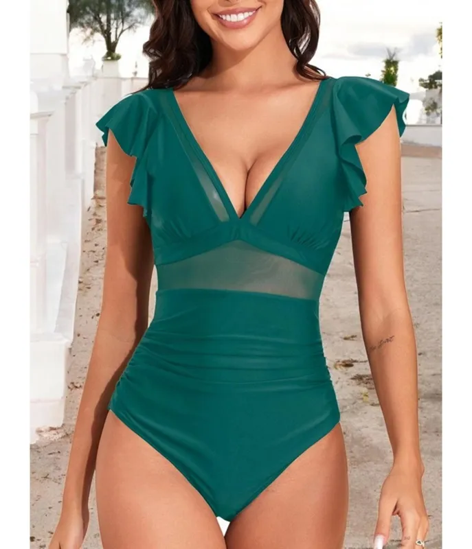 Emerald Green Ruffle Sleeve One Piece Swimsuit made by Unique Vintage