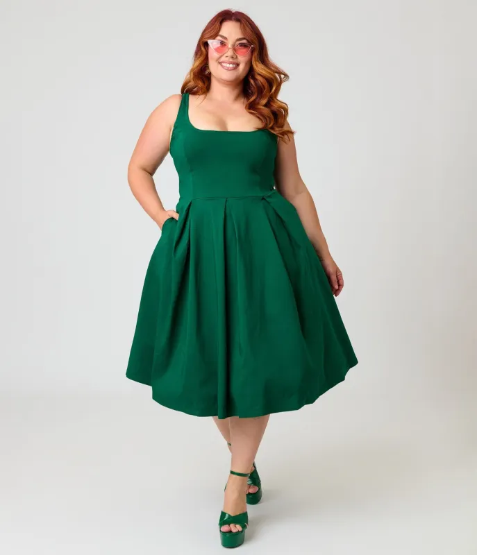 Unique Vintage Plus Size Emerald Green Square Neck Pleated Swing Dress made by Unique Vintage