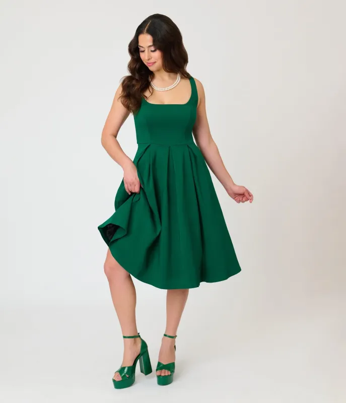 Unique Vintage Emerald Green Square Neck Pleated Swing Dress made by Unique Vintage