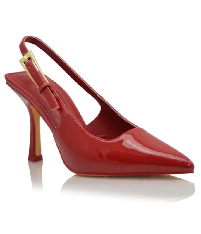 Red Patent Leatherette Buckle Slingback Heels made by Unique Vintage