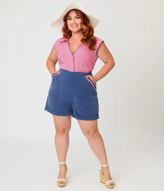 Unique Vintage Plus Size Chambray & Hot Pink Gingham High Waist Shorts made by Unique Vintage